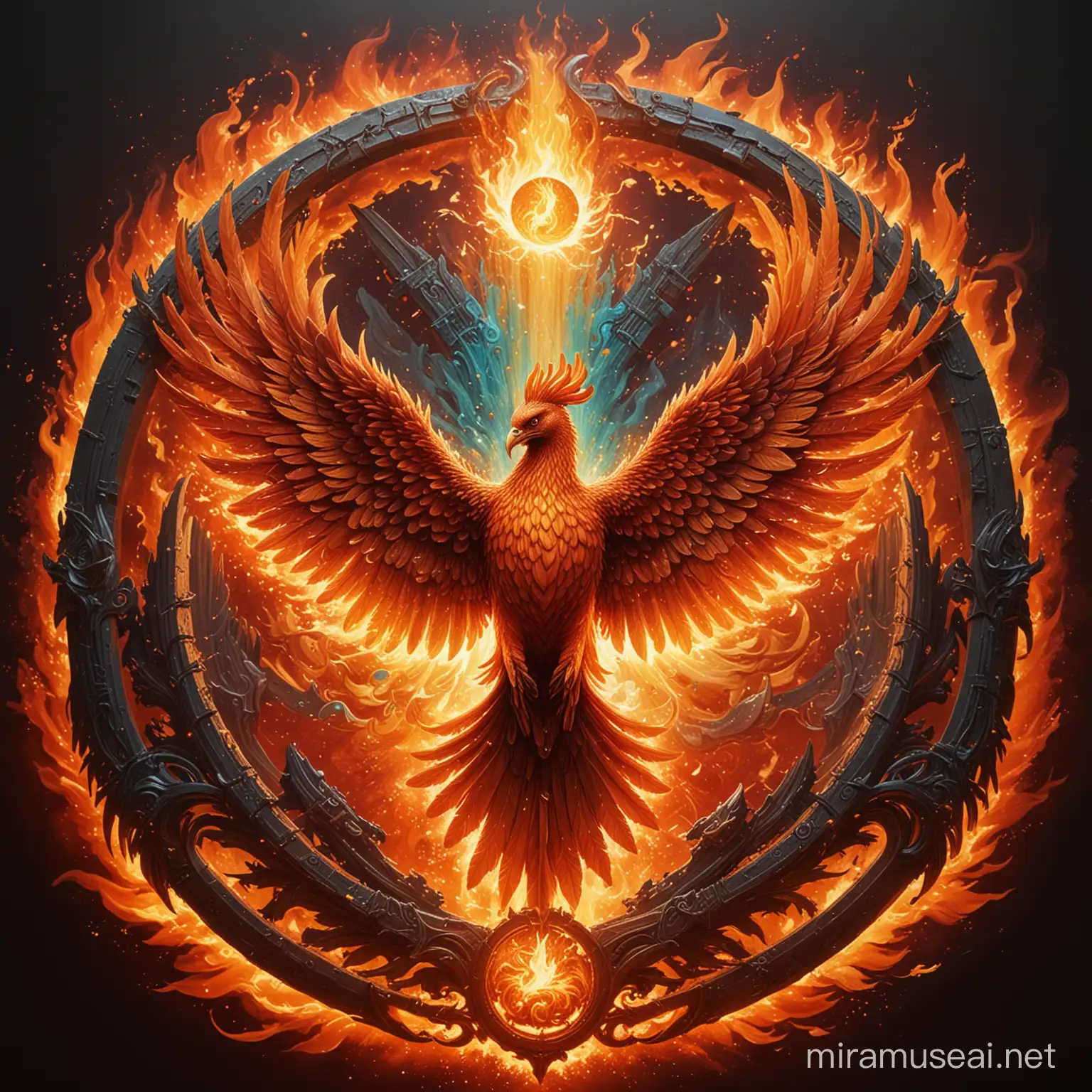 The Inferno Phoenix is a dynamic representation of their fiery and mythical theme. The symbol features a stylized phoenix in mid-flight, with wings outstretched and flames trailing behind. The phoenix is rendered in vibrant shades of red, orange, and gold, creating a mesmerizing display of inferno-like hues.

At the heart of the phoenix, an enigmatic eye glows with an intense fiery light, symbolizing the watchful and formidable presence of the Inferno Phoenix Posse. The feathers of the phoenix morph into flames, evoking the gang's association with fire and destruction.

The entire emblem is encircled by intricate flame patterns, adding an extra layer of intensity and energy. The overall design captures the essence of the gang's mythical affinity with the phoenix, a symbol of rebirth and eternal flame.

 fiery reds, vibrant oranges, golden yellows, turquoise blue