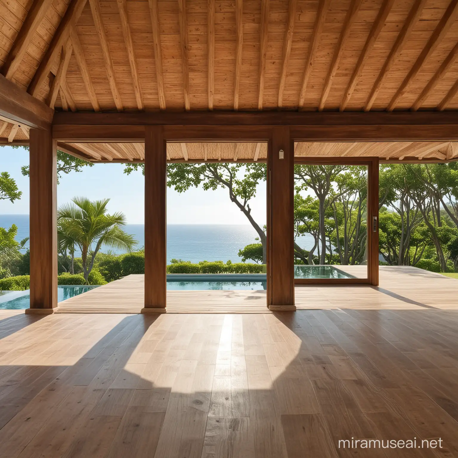 Empty room in Balli villa with wood roof, view to pool and sea with greenery.