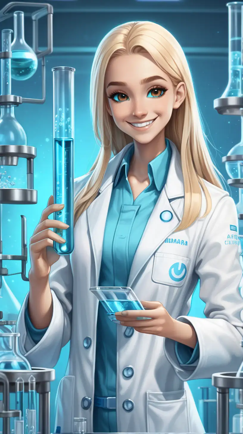 dentro de um laboratorio futurista com temas em azul , crie uma mulher avatar feliz, rosto bem aredondado com cabelos semi liso e longos  volumoso com mexas loiras  (olhos castanhos ) e sorriso contagiante, olhando de frente para camera, usando jaleco branco ,  segurando um tubo de ensaio com liguido  