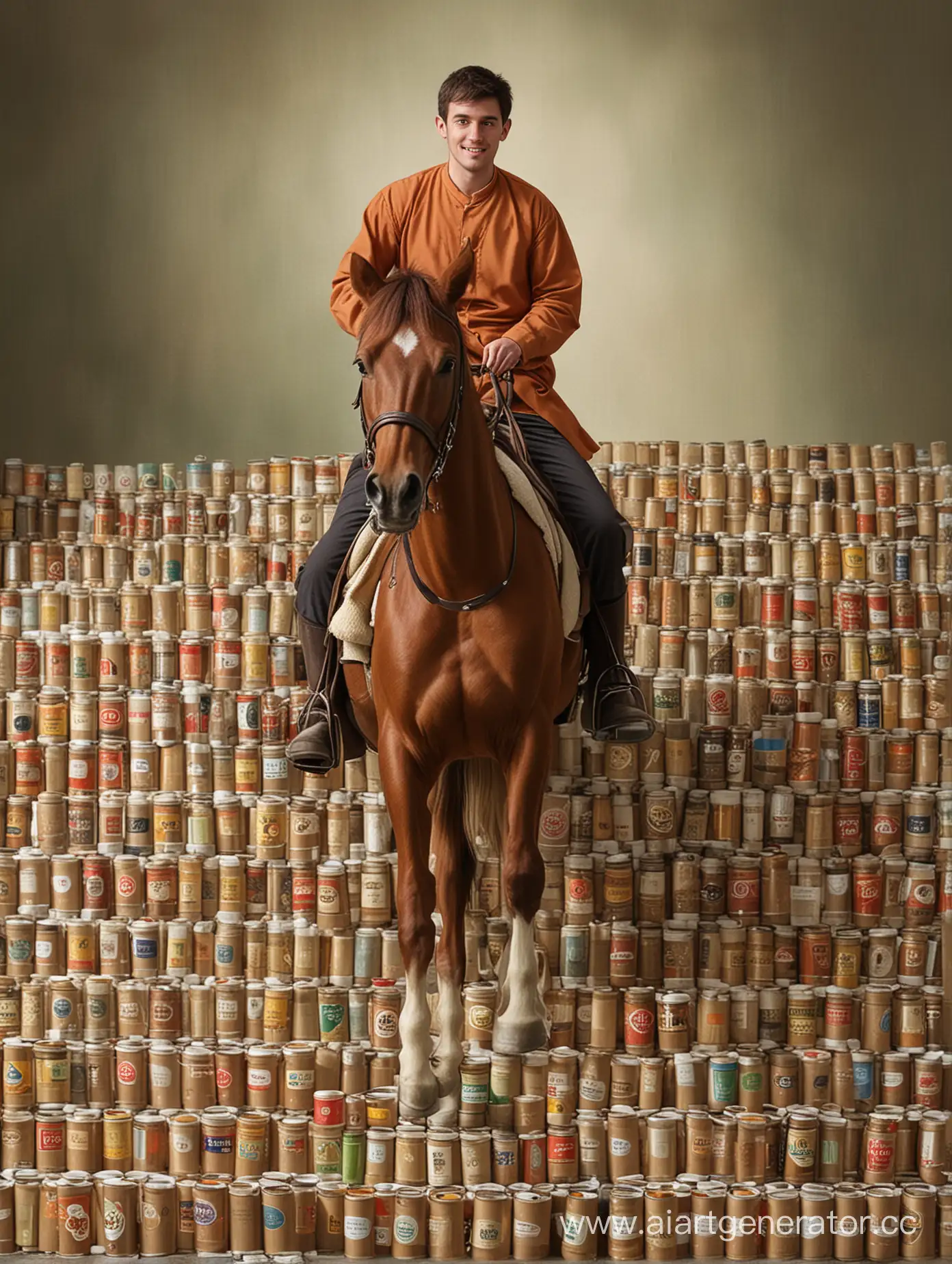 Man-Riding-Horse-Surrounded-by-Tea-Bottles