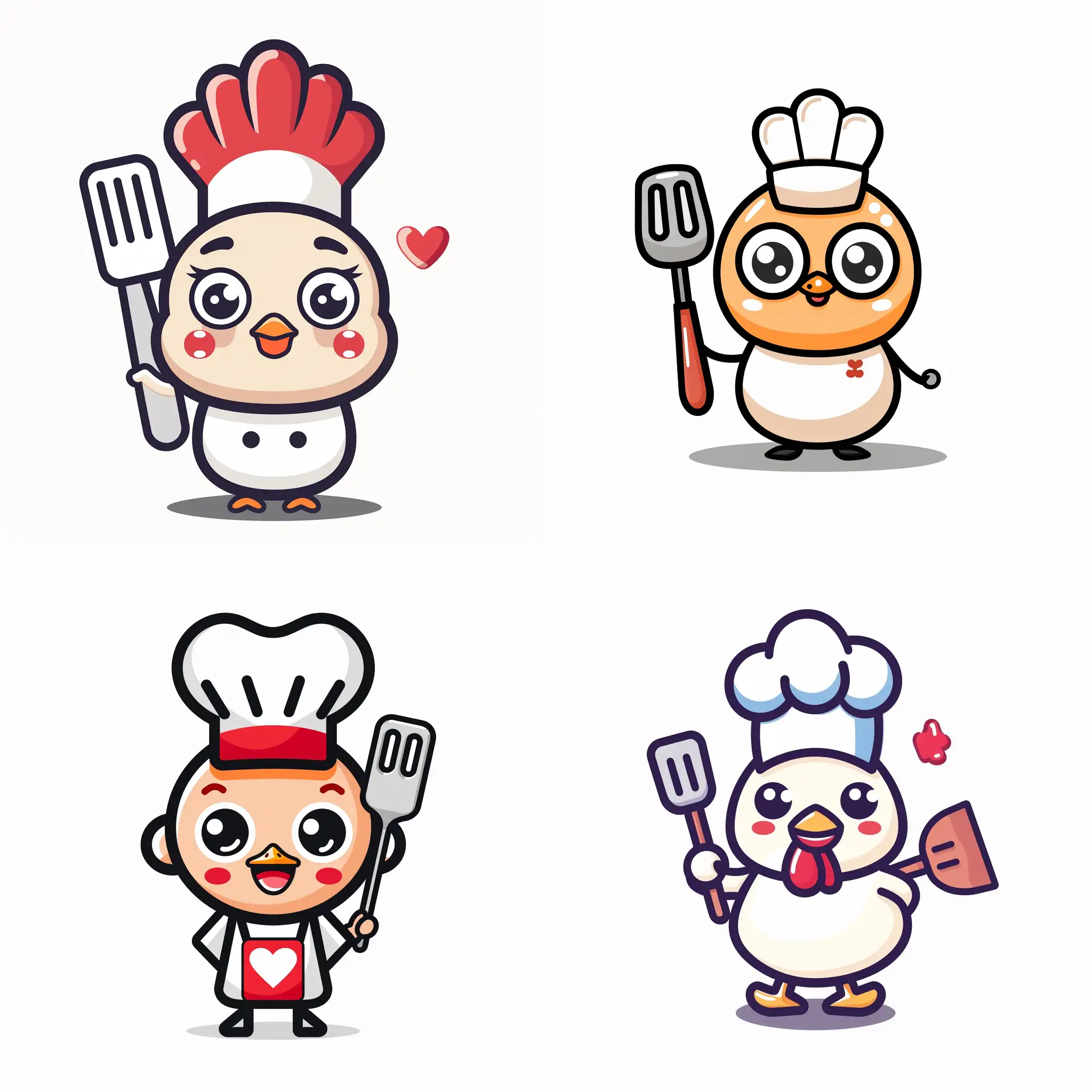 vector color logo of a cuisine chef #chicken,  big cute eyes, cartoon style, simple thin lines,  flat vector, white background, spatula