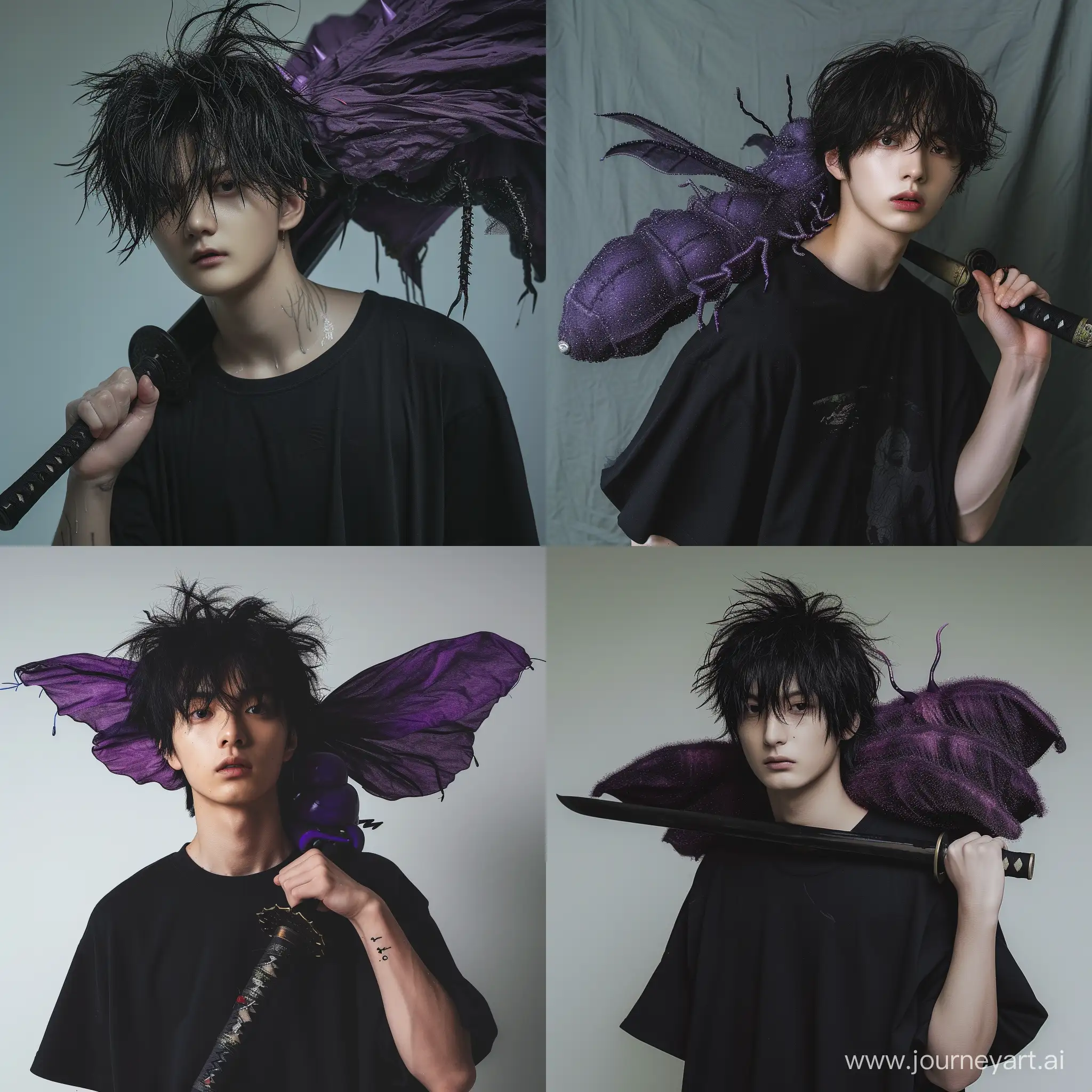 Made a super high angle photo of a young guy like korean idol with black messy hair, the body is clearly sweating. The right hand is holding a short sword. Ultra hd. The costume is black t-shirt. wearing a black t-shirt. on his shoulders was a large purple caterpillar.