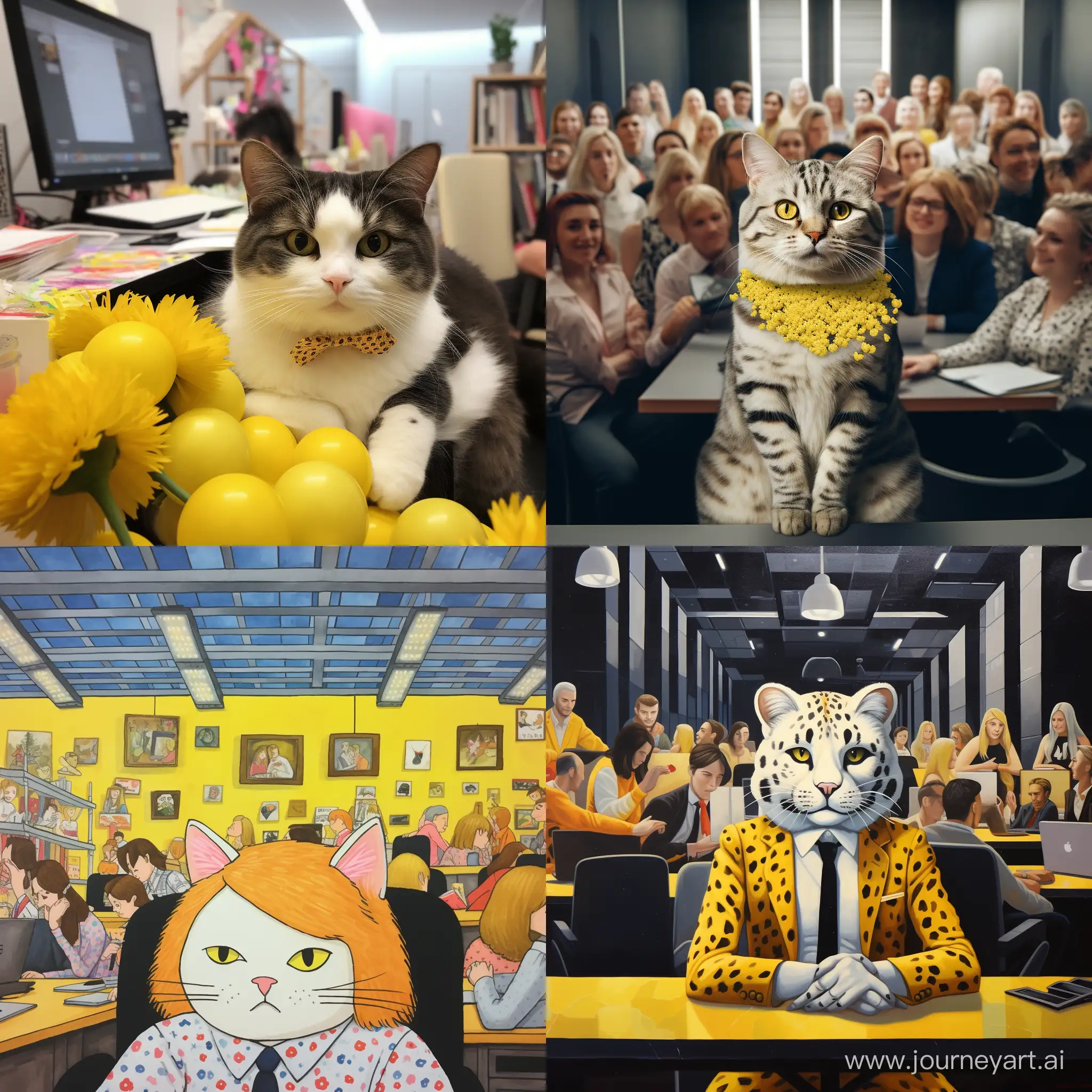кошка с желто-белыми пятнами в офисе среди людей

