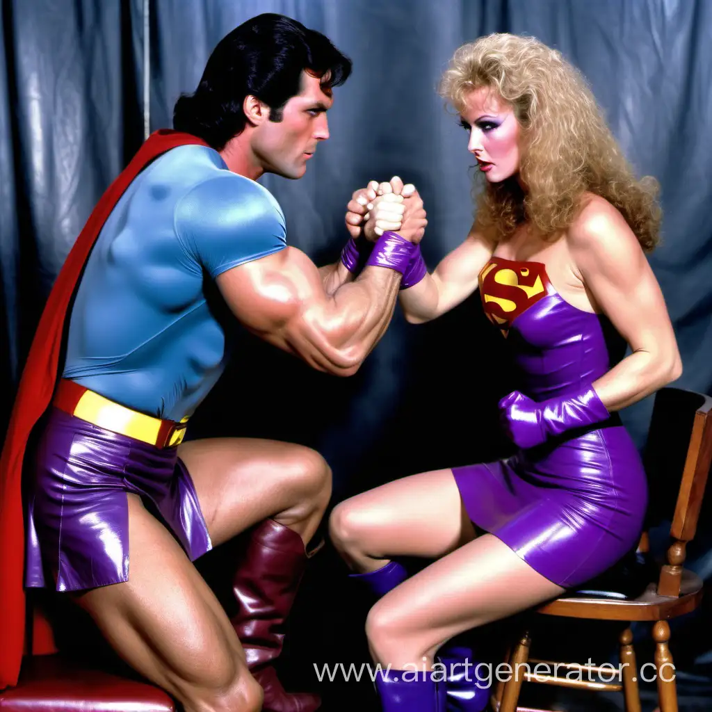 Long hair Sybil danning in stunning purple leather mini skirt & boots beats superman in arm wrestle 