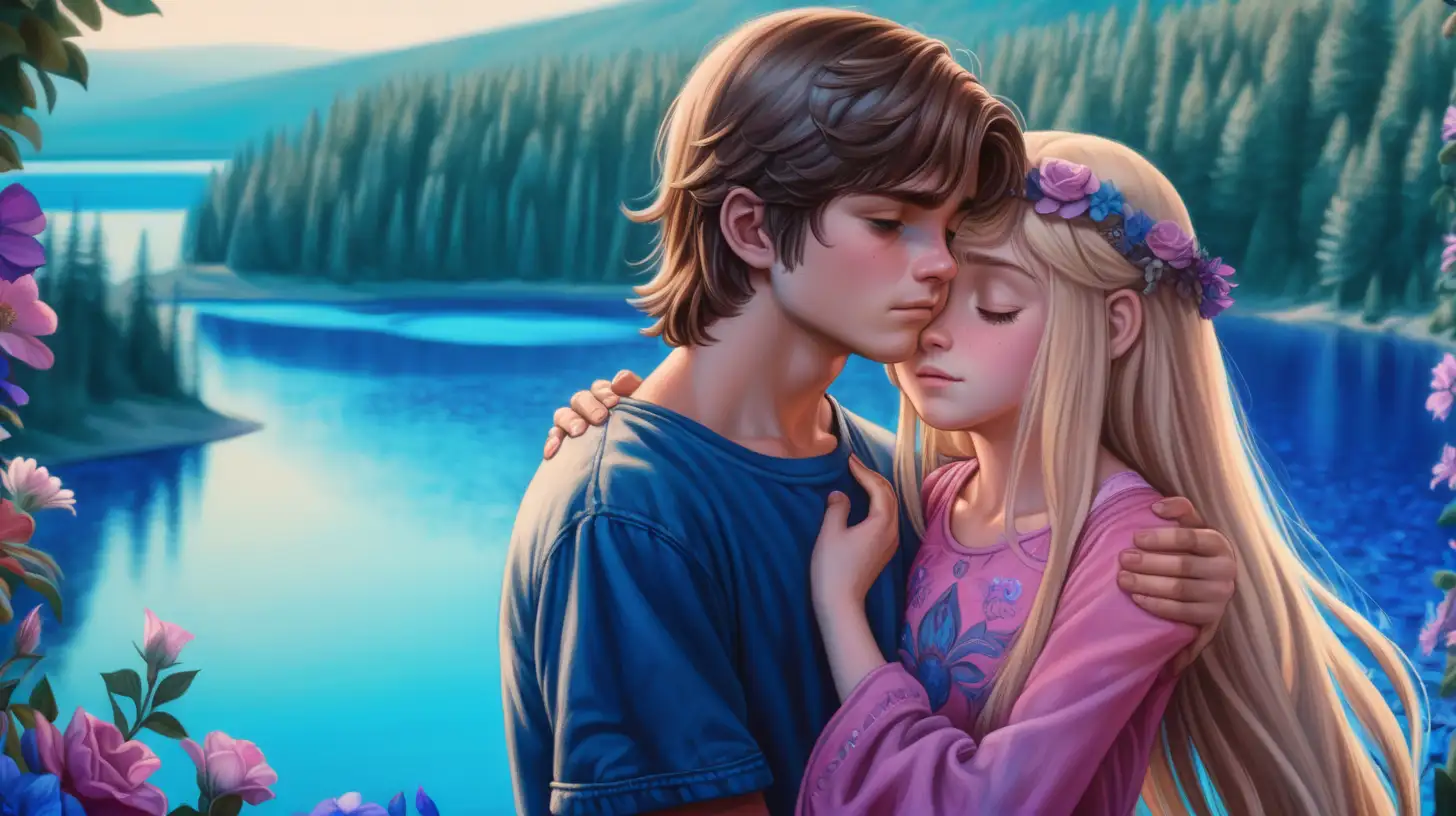 Dusty-brown hair teenage boy with t-shirt and jeans. With a sad long-hair blonde girl wearing medieval beautiful pink dress crying in his shoulder. Surrounded by blue and purple floral forest and a blue lake, 8K