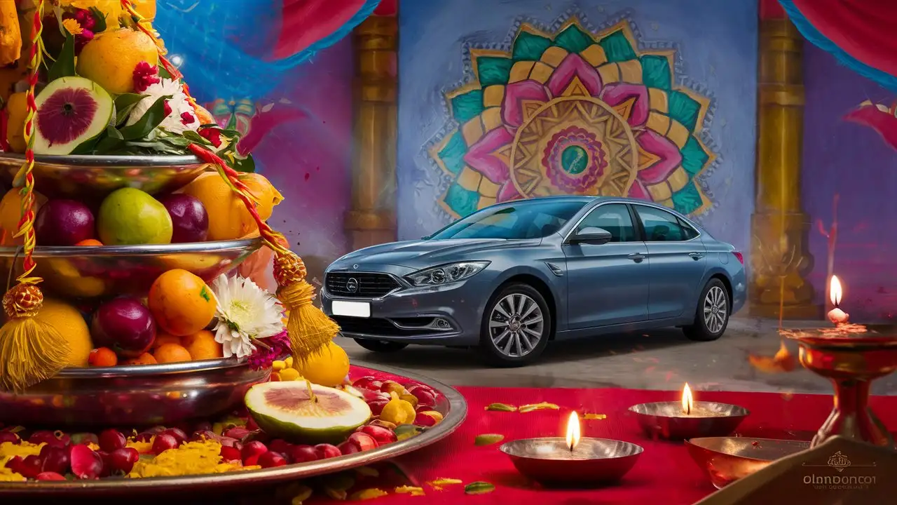 Hindu kalash for pooja and some latest car in corner
