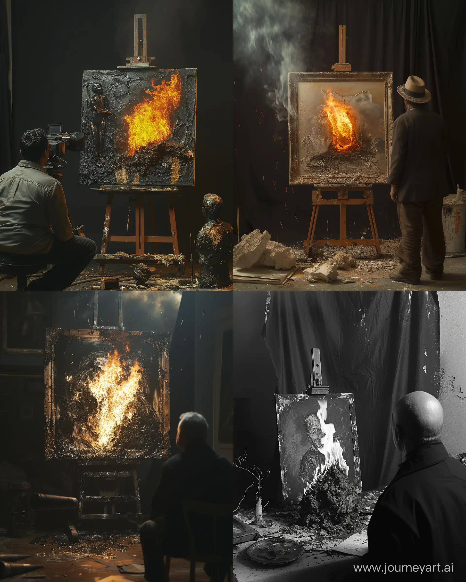 Surrealist Painter Contemplates Burning Art amidst Sculptures | JourneyArt