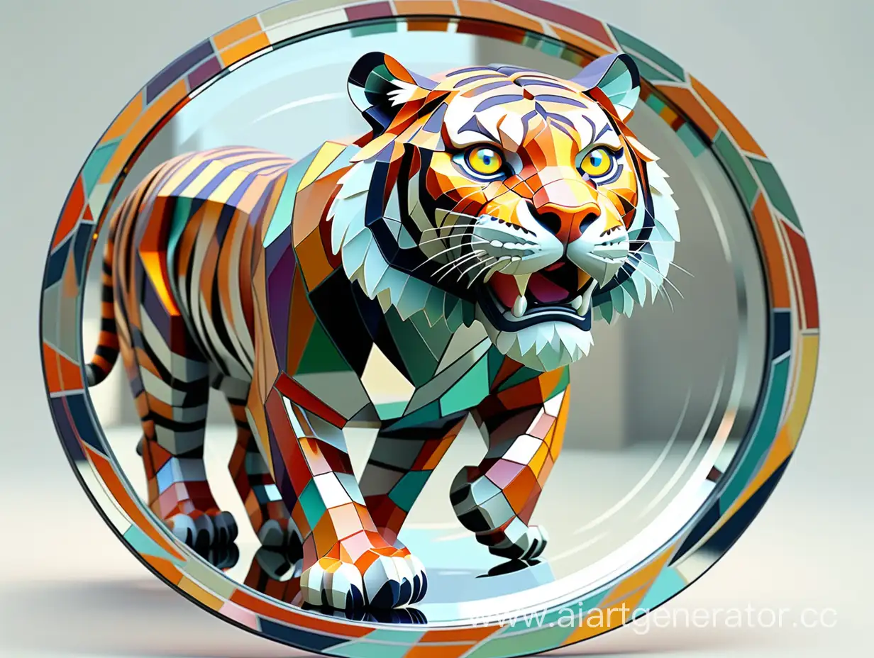 digital tiger, on the hunt, in motion, design in digital style cubism transparent transparent mirror, many colors, light and shine, top view