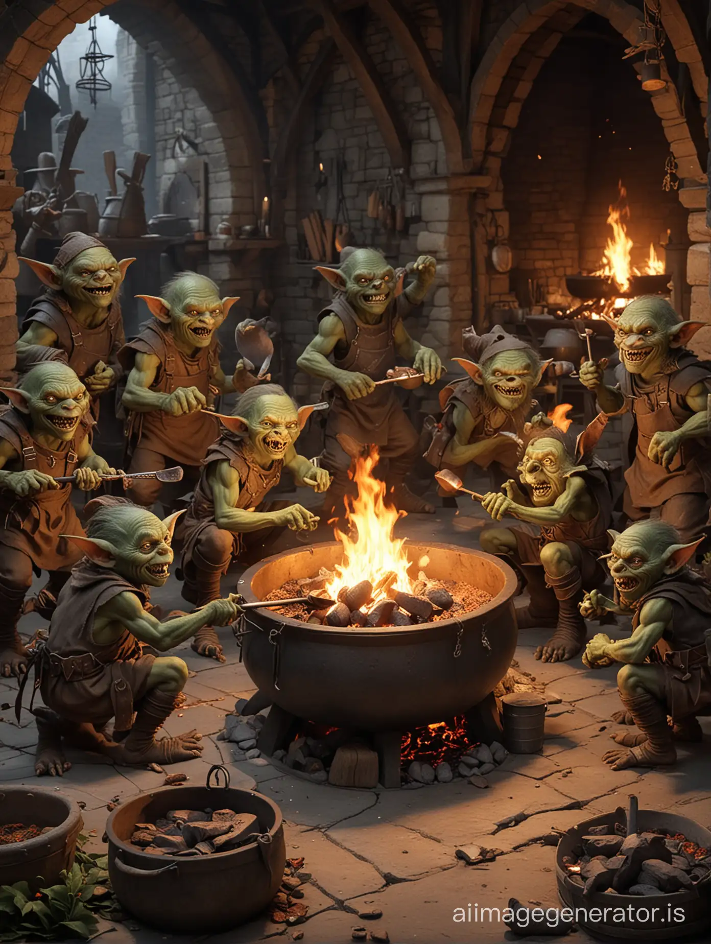 8 goblins in a dining hall. One goblin is cooking with a pot on an open fire pit