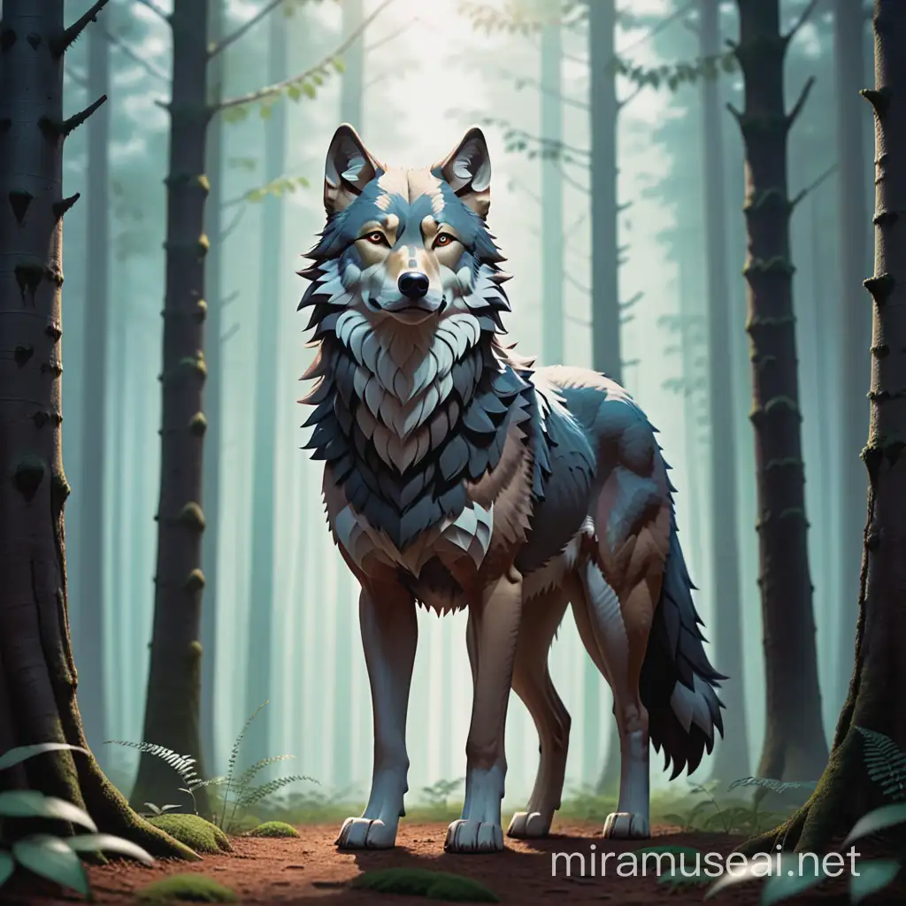 create a lonely wolf standing in the forest.