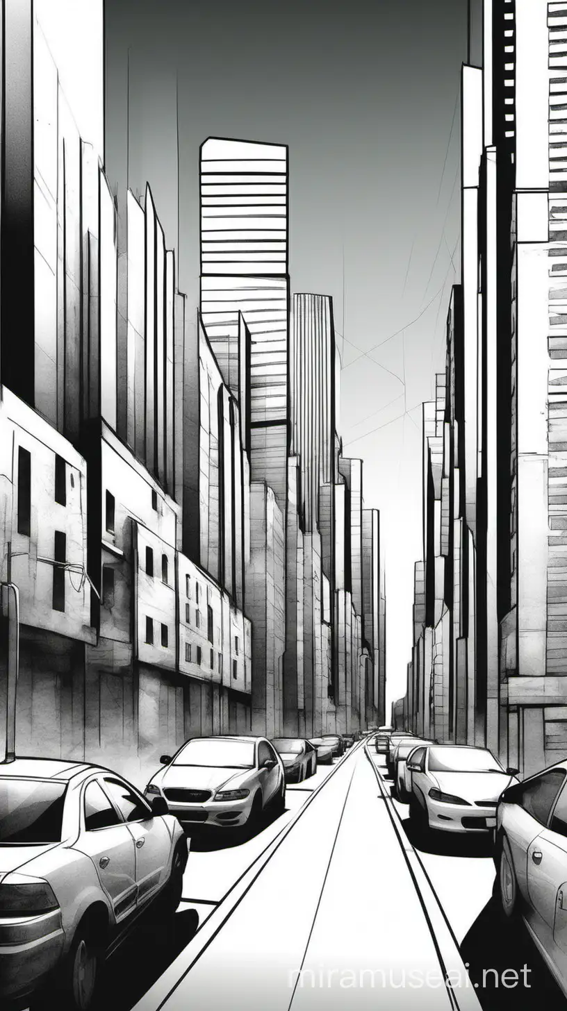 Minimalist Urban Cityscape Sketch Straight Road Through Simple Geometric Buildings