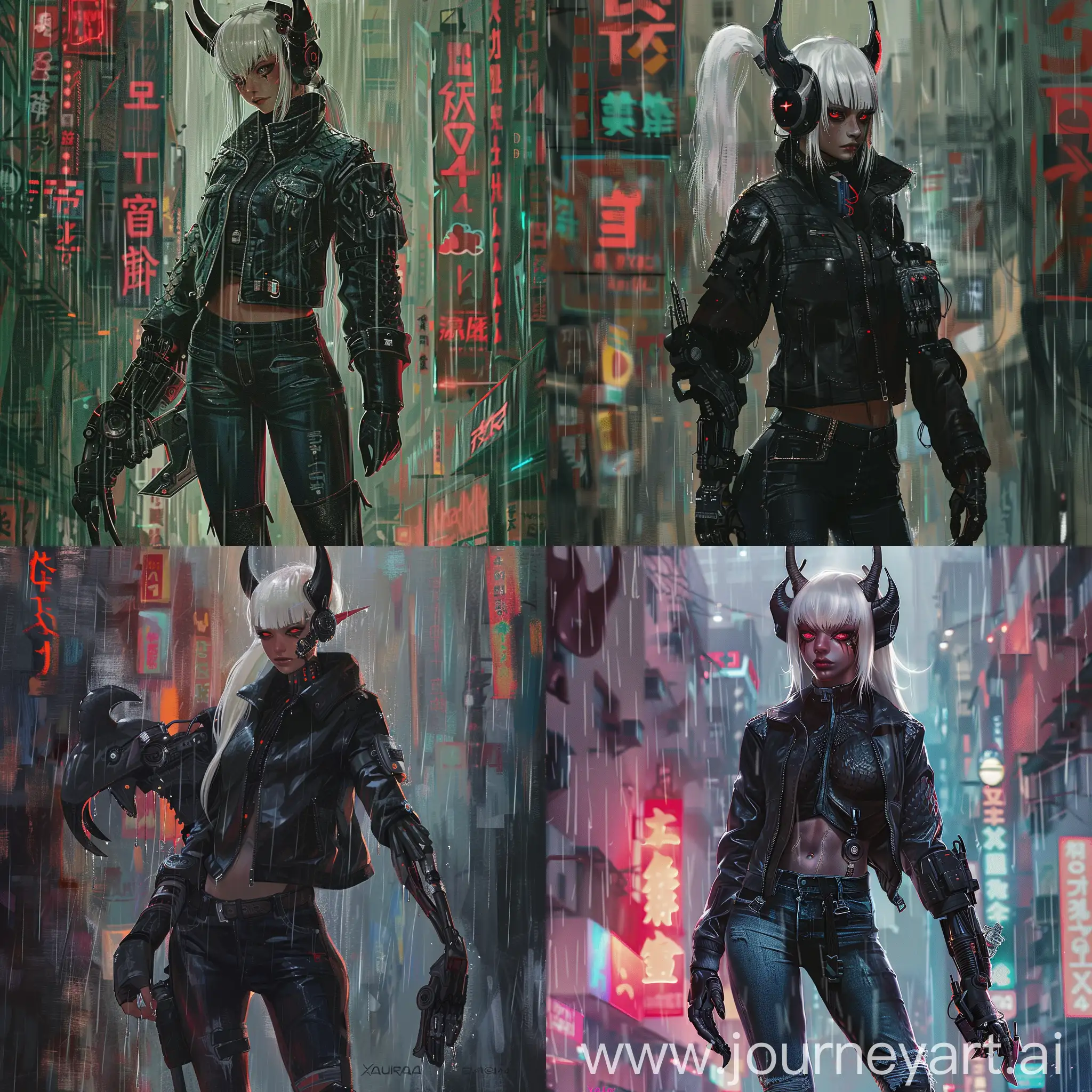 full portait, Au ra race, Xaela clan, female, face type 4, face scales, horns inward, white ponytail with bangs, black skin color, red eyes with black sclera, wearing black jacket black jeans black boots, robotic right arm, demon left arm, raining in the cyber city, chromatic abberation
