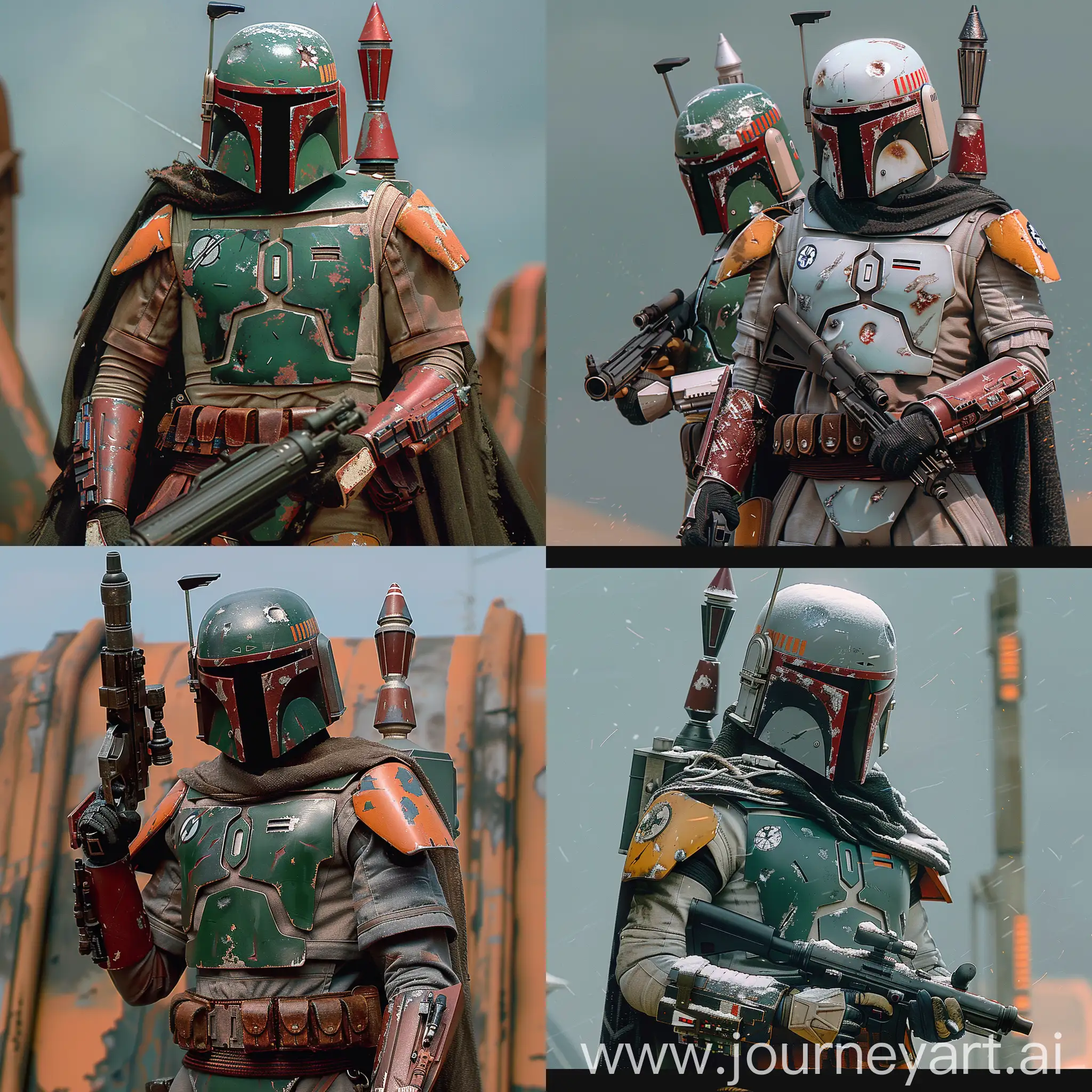Futuristic Star Wars Boba Fett https://static.wikia.nocookie.net/d833558d-ba5e-48ea-bff4-81ec489f55b3/smart/width/386/height/259, Advanced AI-powered targeting system, Personal drone companion, Exoskeleton armor, Stealth camouflage technology, Energy shield technology, Multi-functional gauntlet, Enhanced sensory perception, Personalized spacecraft, Adaptive camouflage technology, Integrated communication systems, Sleek and angular armor design, Integrated technology, Dark and mysterious color palette, Modular design elements, Textured and weathered finishes, Utility belts and pouches, Unique helmet shapes, Geometric patterns and detailing, Mixed materials and textures, Futuristic accessories, octane render --stylize 1000