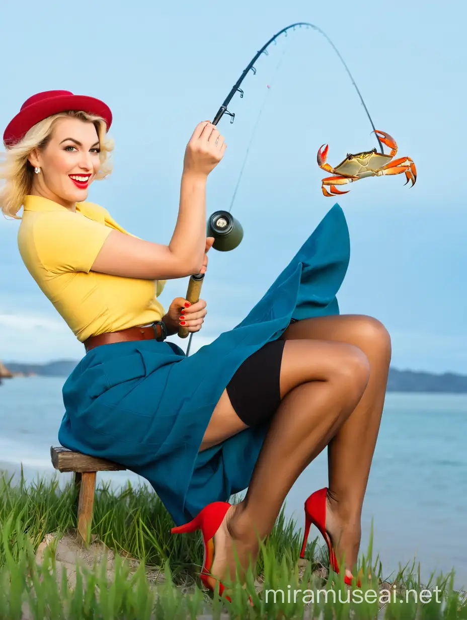 Caucasian 30 years old pinup girl fishing, caught crab, sitting on shore grass, sea in the background, looking straight to camera, happy expression
