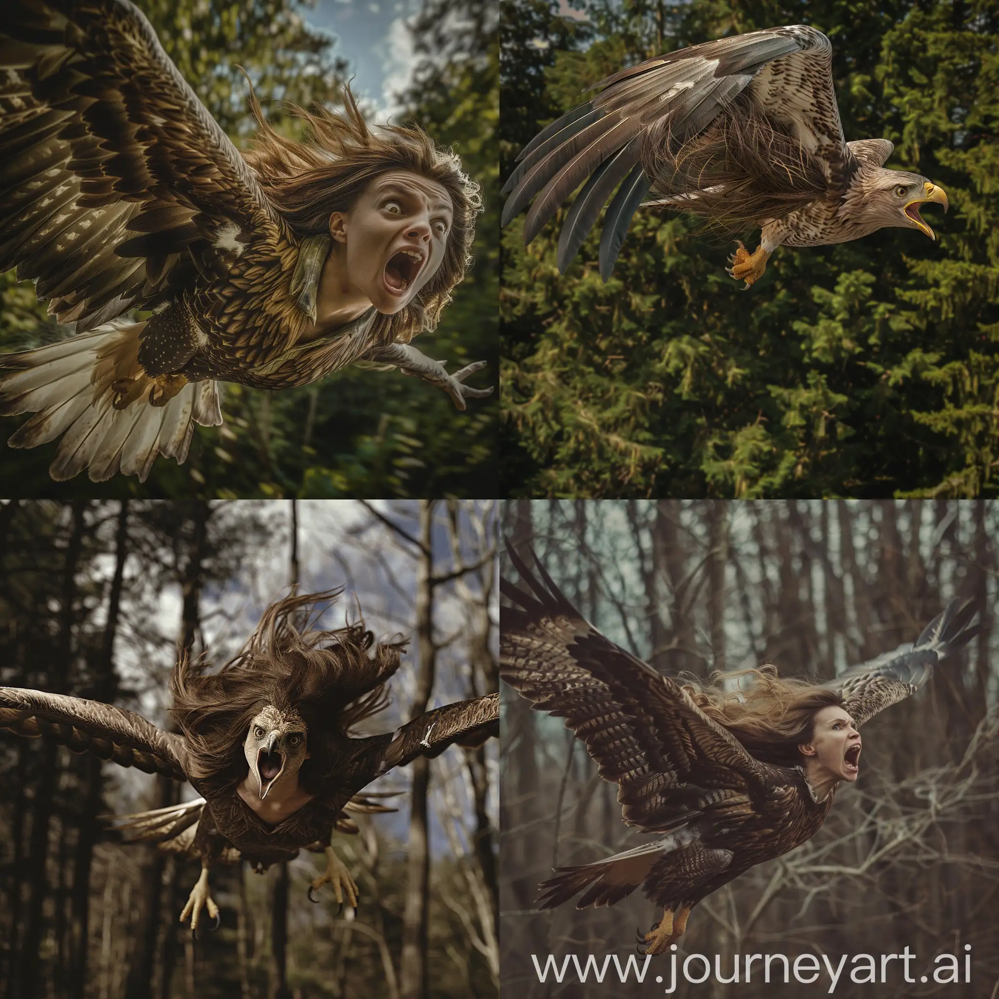 A Merlin Monroe with loose brown hair, who has been transformed into an eagle. The photo is taken while the transformation is almost completed. She is flying over a forest at Morning. screaming for help. Realistic photograph, full body picture.