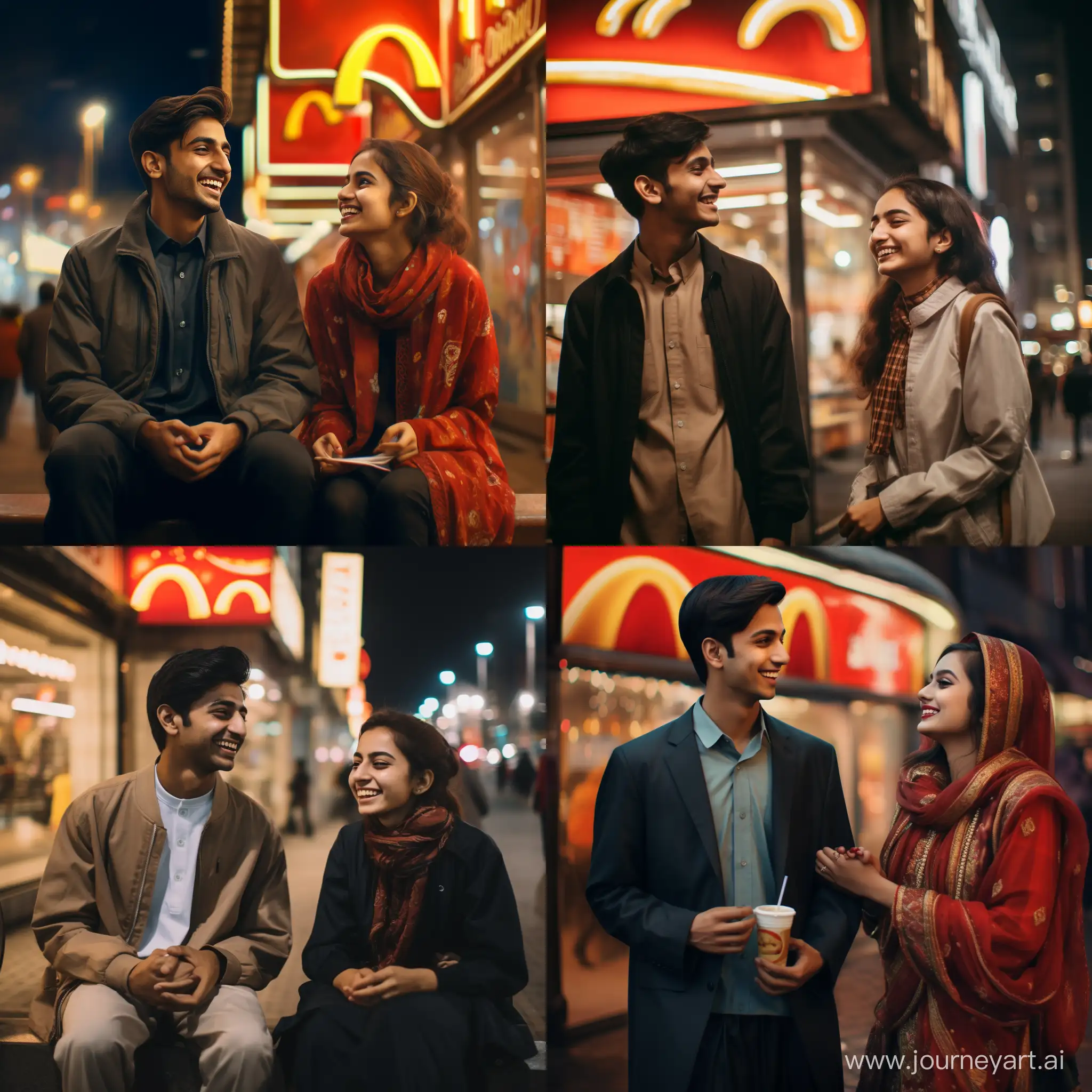 An 18-year-old Pakistani boy, dressed in modern attire, sharing little smile with a 18 years old girl outside a brightly lit McDonald's, their expressions exuding joy and excitement against a backdrop of a bustling city street.