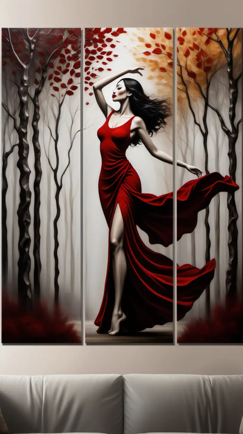 3 PIECE WALL ART Capture the ABSTRACT beauty of A DARK HAIRED, RED LIP women enjoying a serene morning DANCE IN THE FORREST , surrounded by LOVE and warm earth tones. Create a detailed and comforting scene that highlights shared moments OF A LOVING COUPLE of relaxation and introspection AND FADE INTO PEACE AND DREAMS
