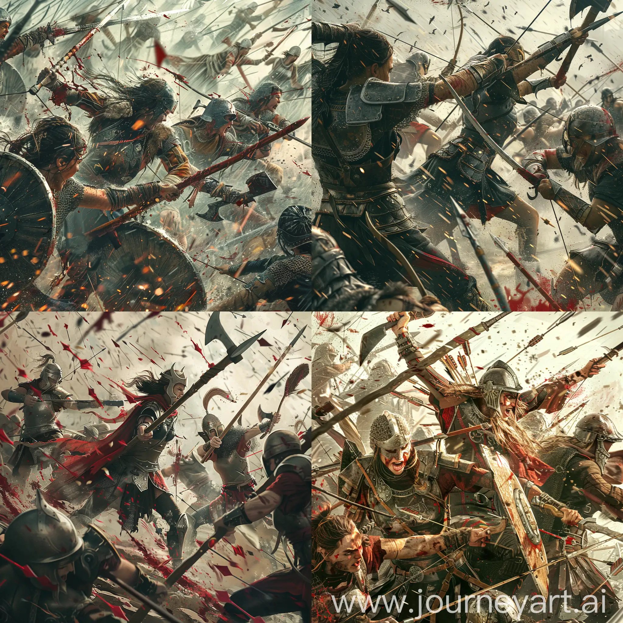 ancient battle, female soldiers wearing armor used spears, axes, swords, bows, crossbows and many other weapons, brutal and bloody battle, spears and axes hit the enemy, rain of arrows fell down, extremely realistic and detailed.