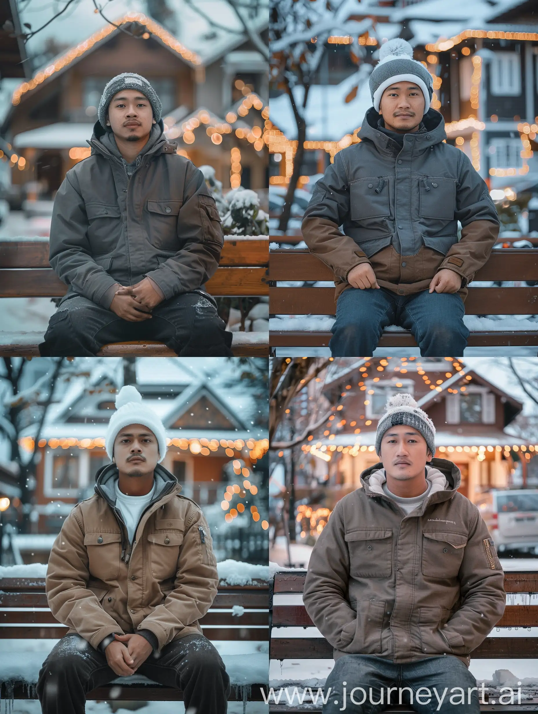  portrait of a handsome Indonesian man with a smooth face, 25 years old with a slightly fat body, wearing a trucker jacket and snow hat, sitting on a bench in winter. hands in jacket pockets. Behind it is a house with beautiful lights. facing forward. original photo. 8K HD. Leica camera.