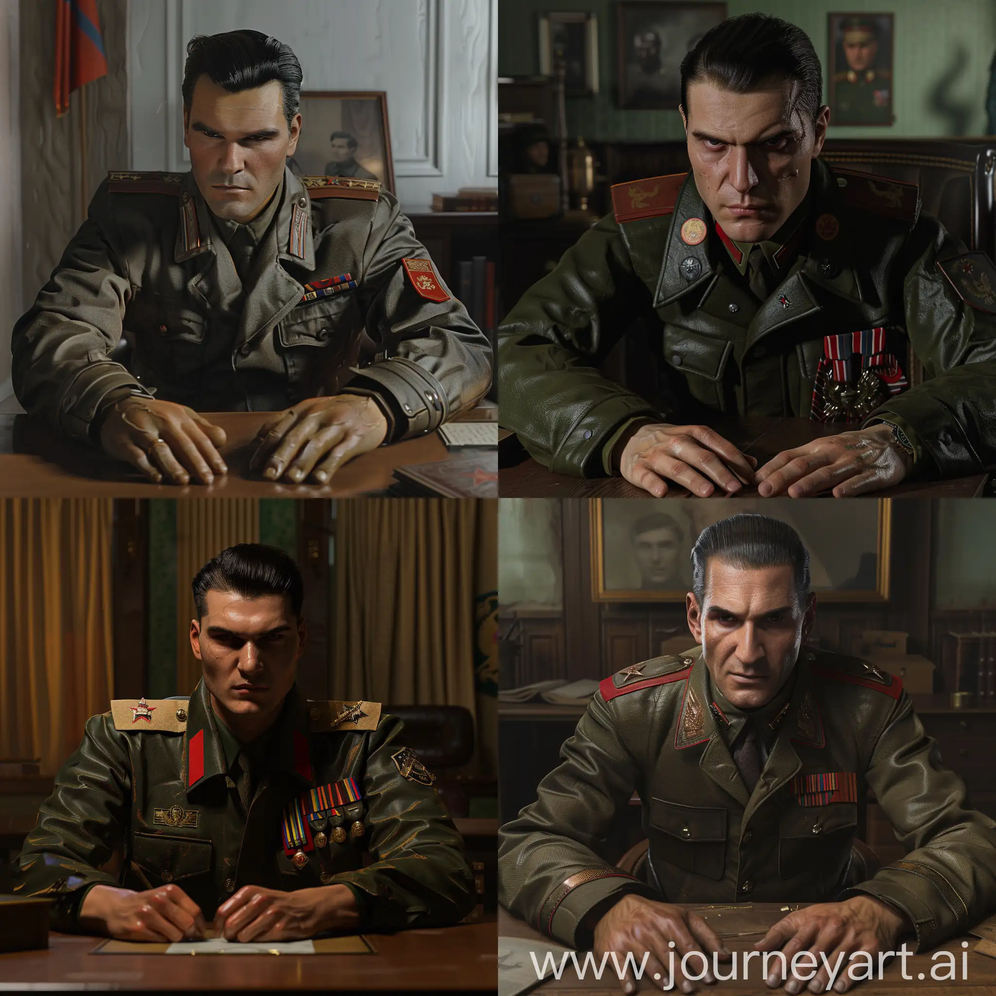 Soviet soldier, military jacket, Dark hair slicked back, sitting at desk, looking at camera, hands on table, captain's epaulettes, soviet office, hyperrealism, 8K image quality, 