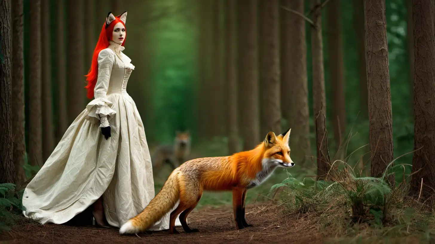 Lady and a fox in the forest.