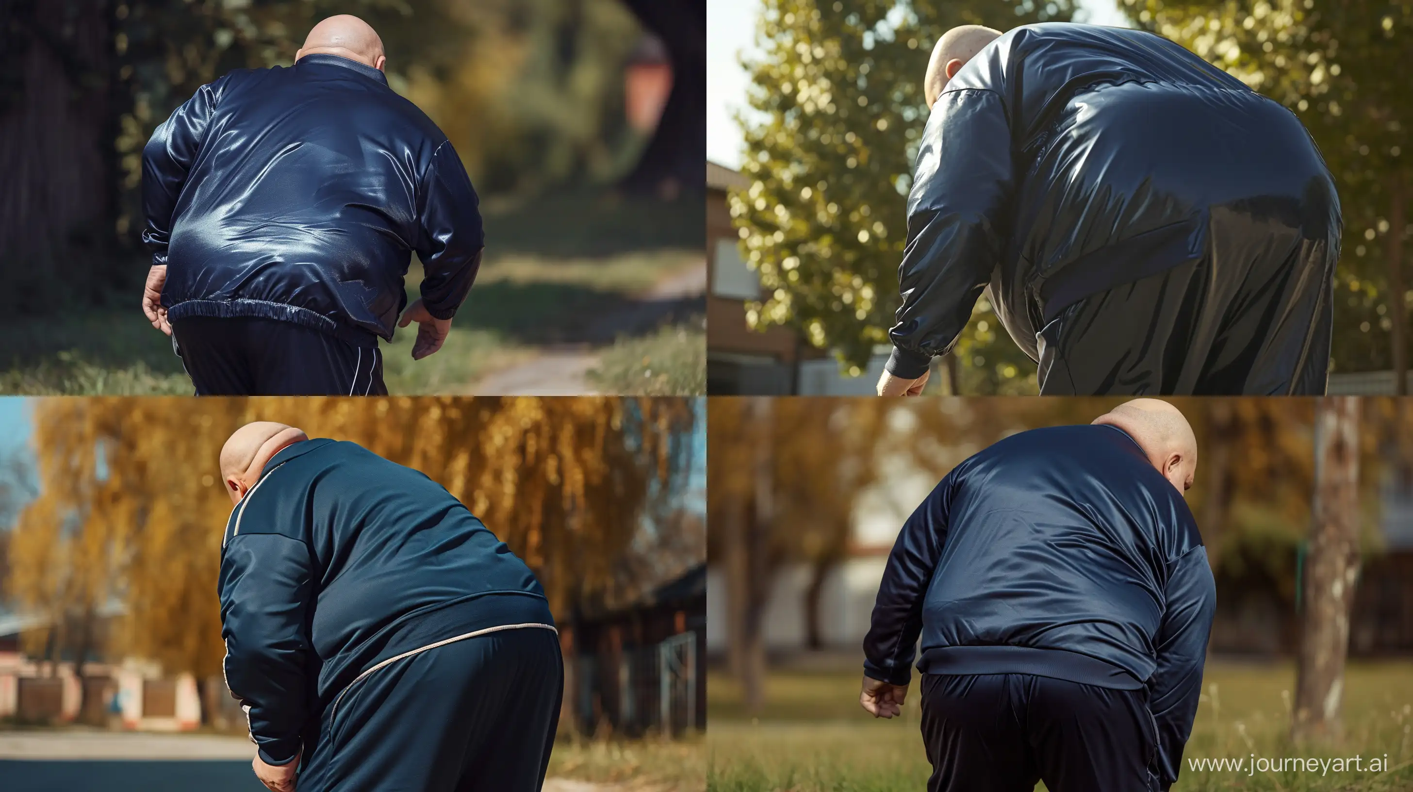 Back view of a chubby man aged 70 wearing a slightly shiny navy tracksuit. He is bending over. Clean shaven. Bald. Outside. High-quality --style raw --ar 16:9 --v 6