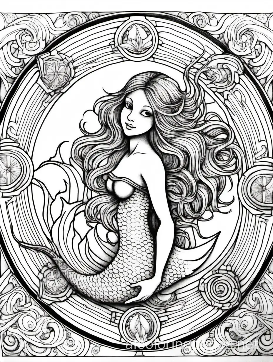 Mandala da Vinci style, full length view, mermaid, pen and ink and watercolor, fantasy, high detail, head to tail fin, Coloring Page, black and white, line art, white background, Simplicity, Ample White Space. The background of the coloring page is plain white to make it easy for young children to color within the lines. The outlines of all the subjects are easy to distinguish, making it simple for kids to color without too much difficulty