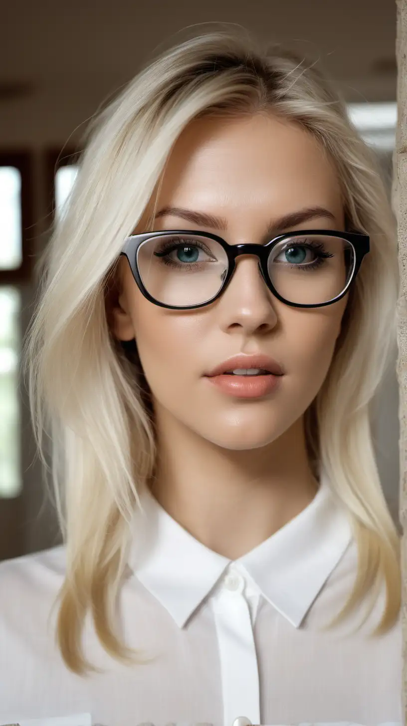 generate an image of a beautiful blonde women wearing glassess, looking straight ,inside a house
