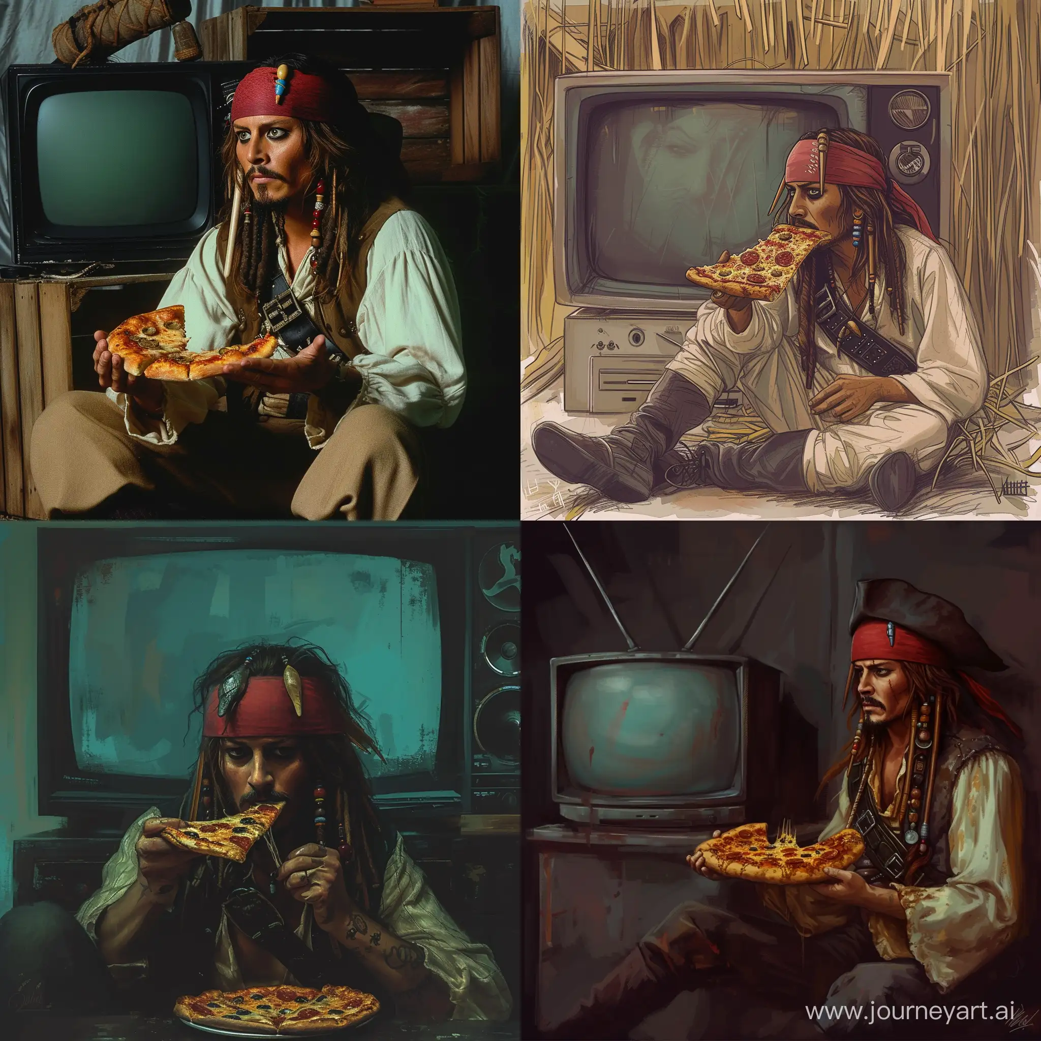 Джек воробей, сидит перед телевизором и ест пиццу 