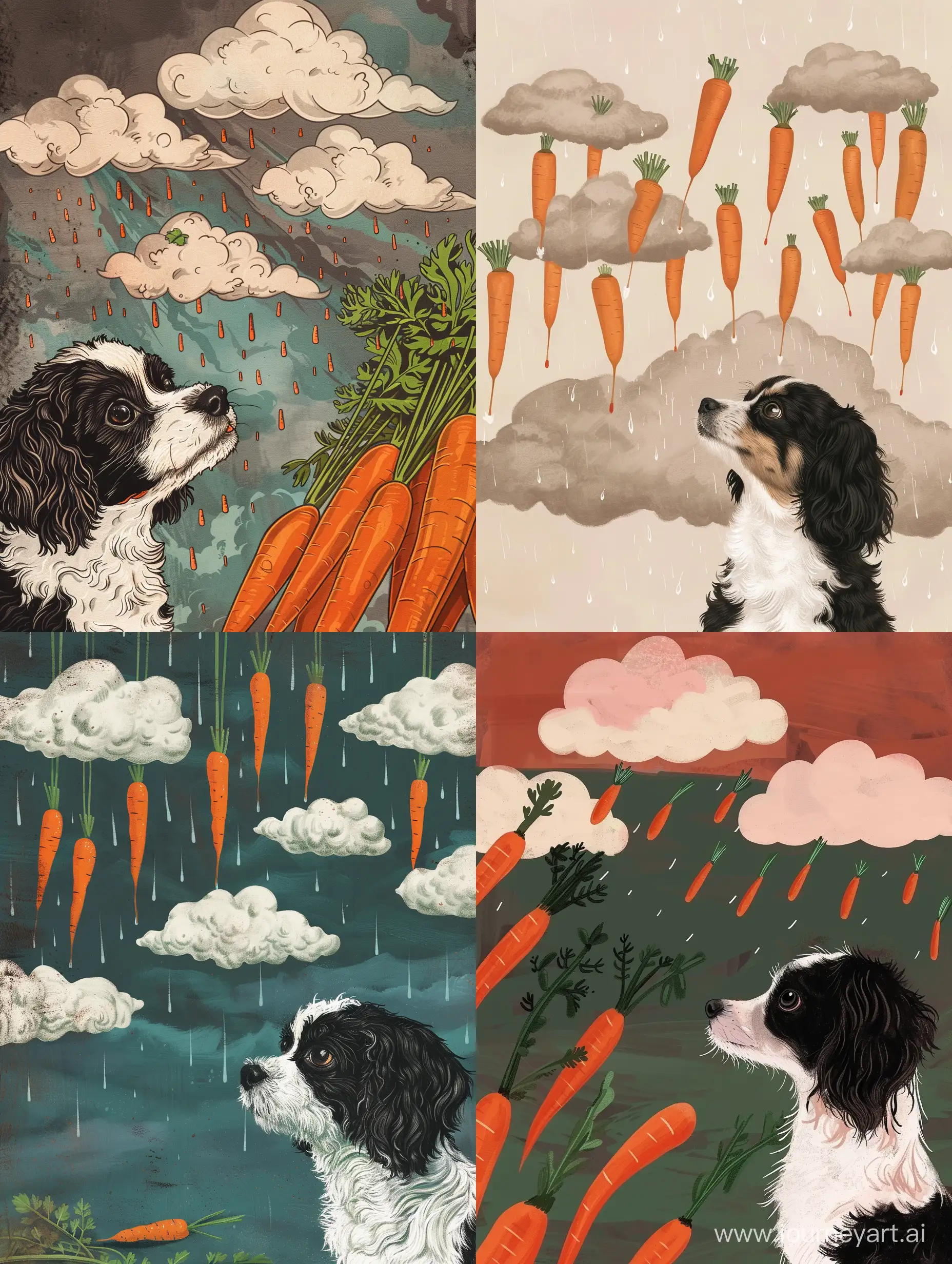 a distant profile of a small black and white cockapoo staring longingly at clouds raining carrots. an illustration.