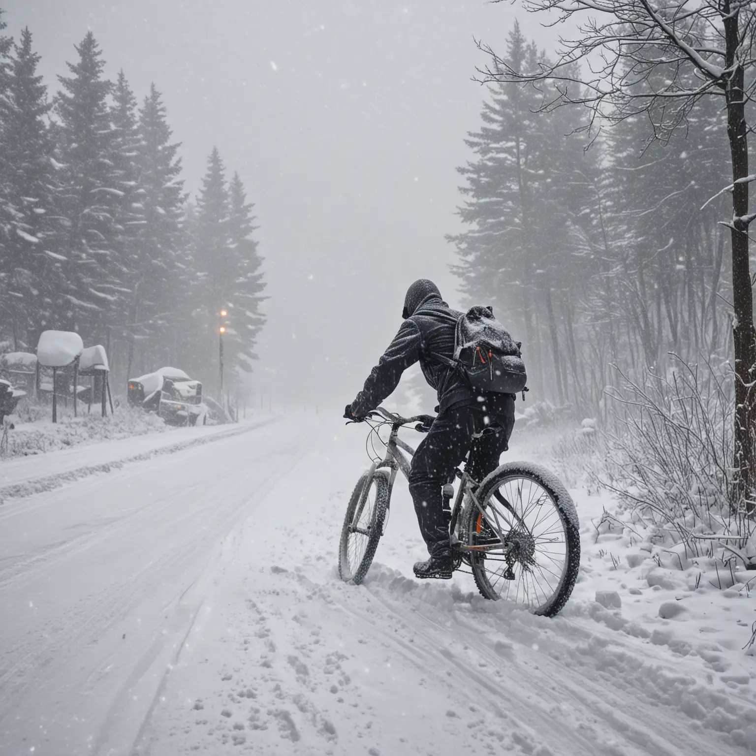 śnieżyca i wichura w górach, zmartwiona postać na rowerze 