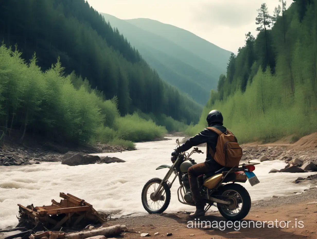 In the background of the mountains, between the mountains, a river flows. Along the riverbanks, there are pine forests and gold mines. On the shore, there is a motorcycle with a man sitting on it.