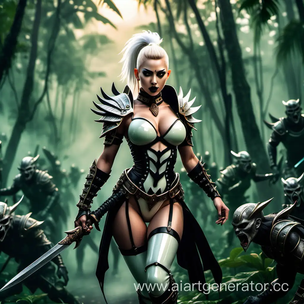 Majestic-Amazon-Warrior-in-Glowing-Latex-Armor-Confronts-Fleeing-Enemy-Soldiers-in-Tropical-Sunset