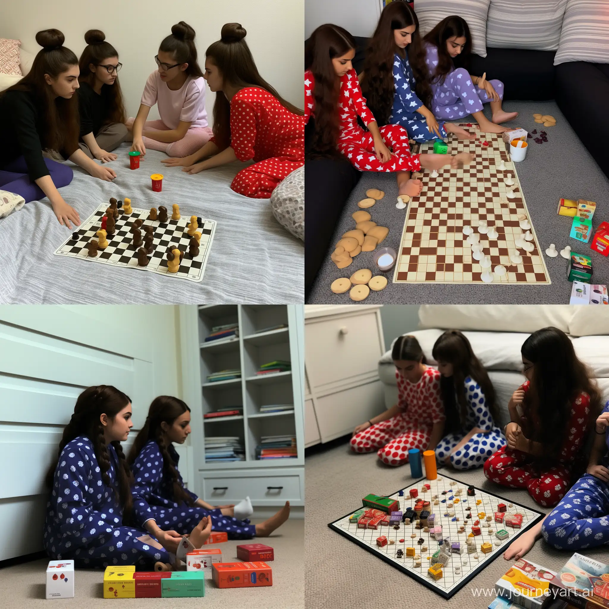 three girls came to a friend's sleepover after school, they are playing board games, wearing pyjamas with socks, socks visible on photo, photo made on iphone 12 and posted on instagram