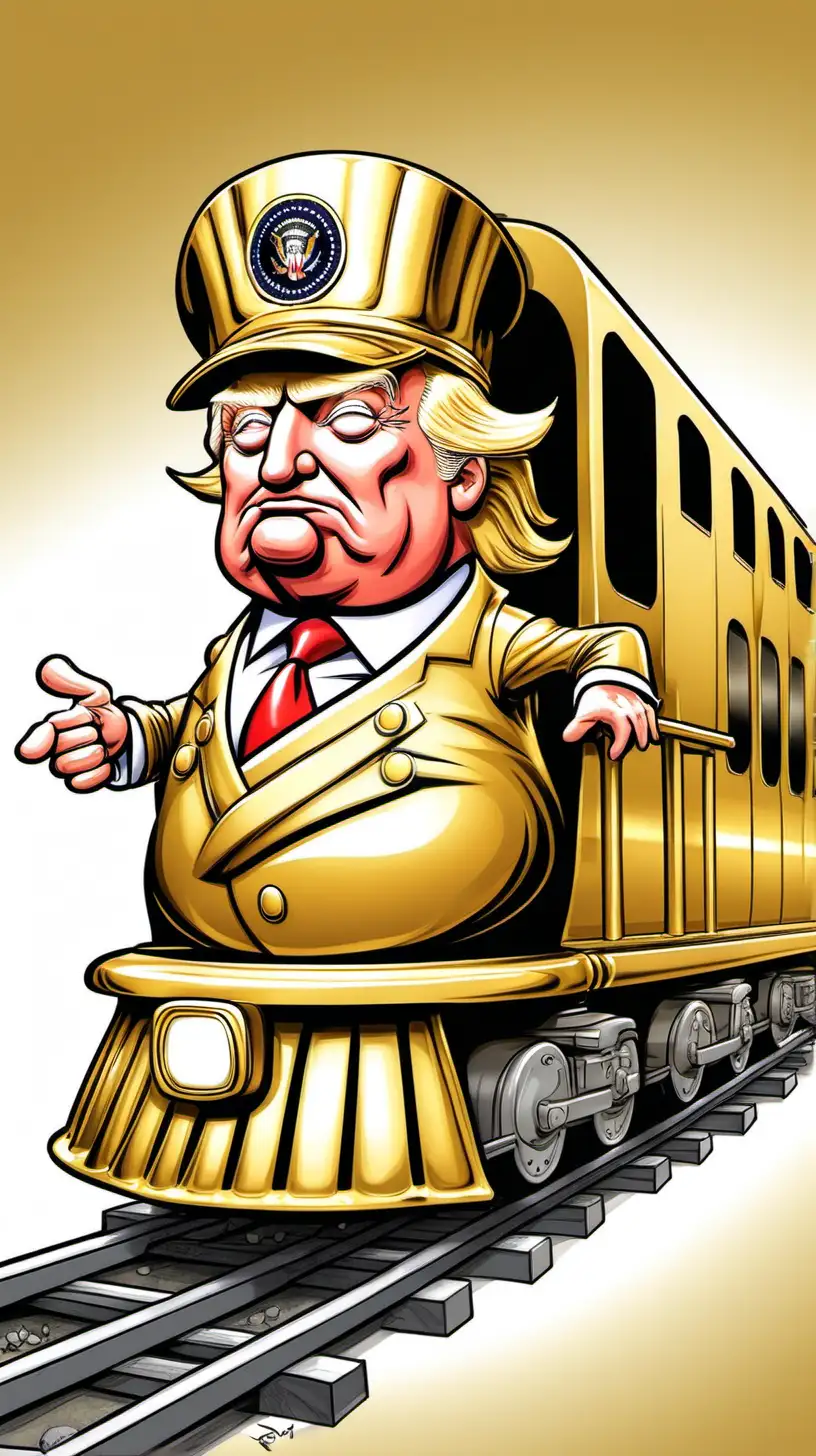 Cartoon Donald Trump Leading the Gold MAGA Trump Train