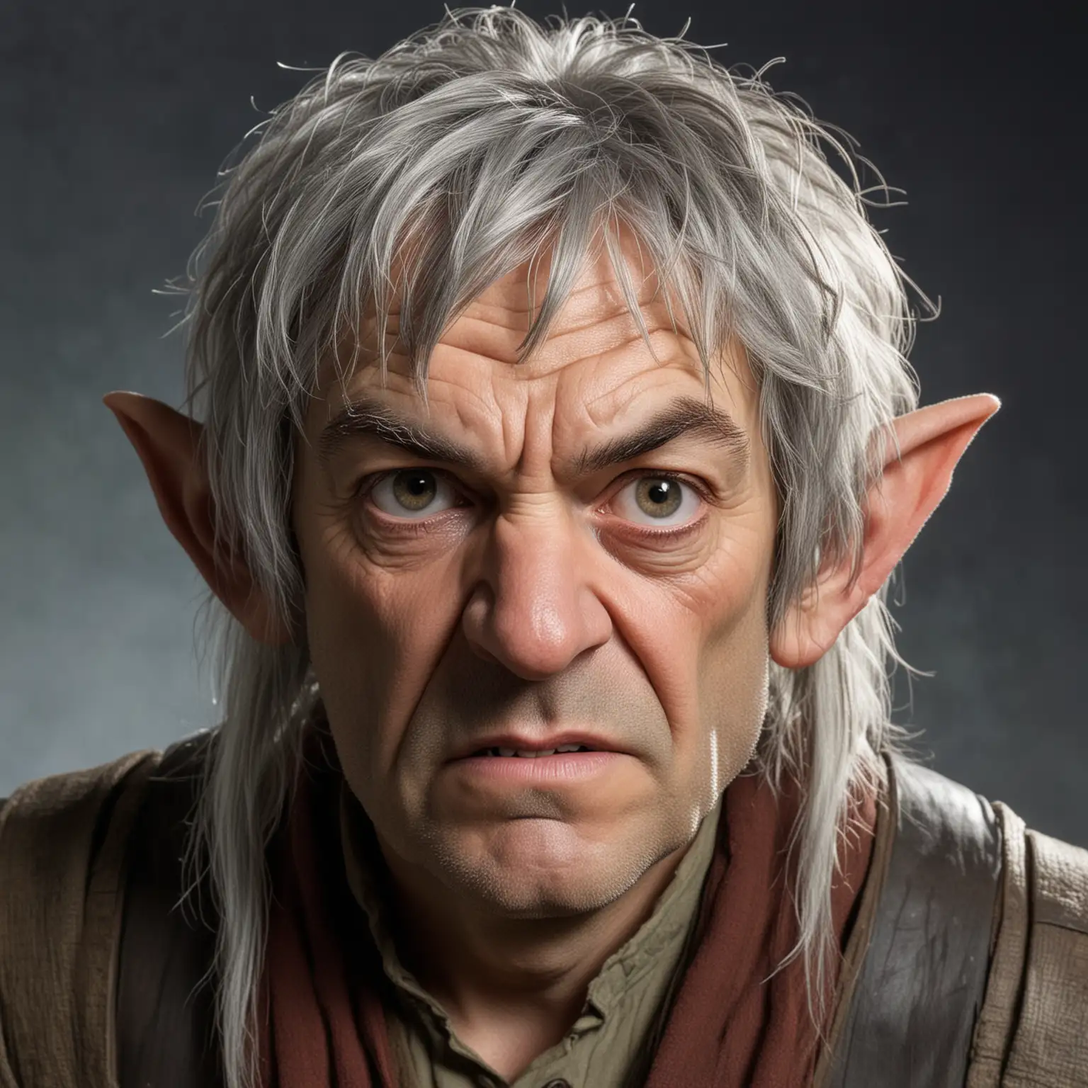 A middle aged halfling hobbit with greying hair and a large nose, looking angry