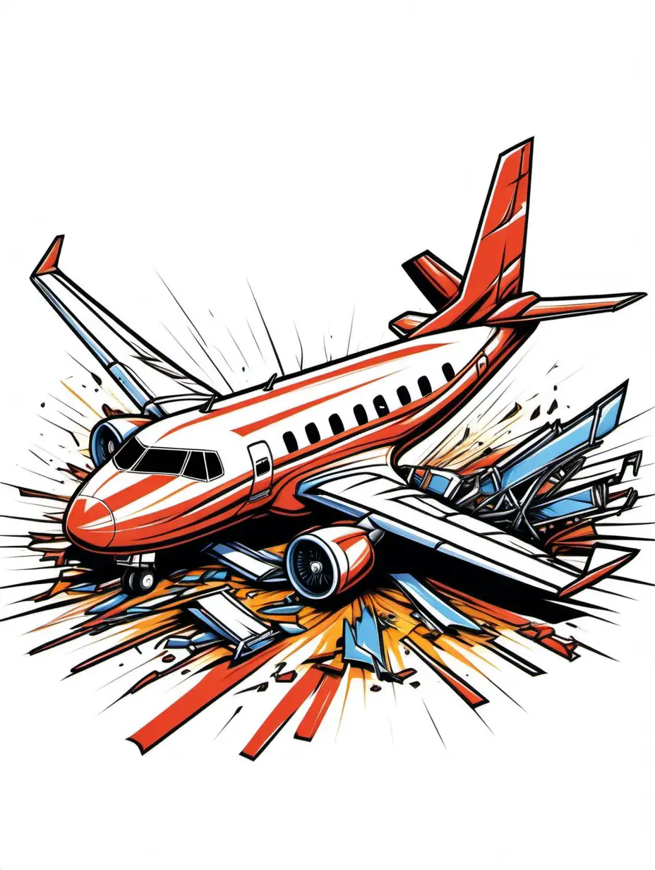 Graphic T-shirt vector of a crashed plane on the runway, detail design, colorful, contour, white background