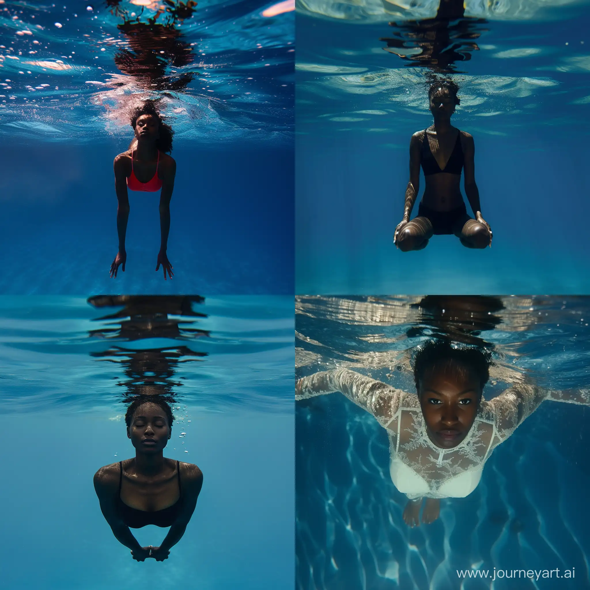 African woman full body vertically floating pose under water. Deep blue water 