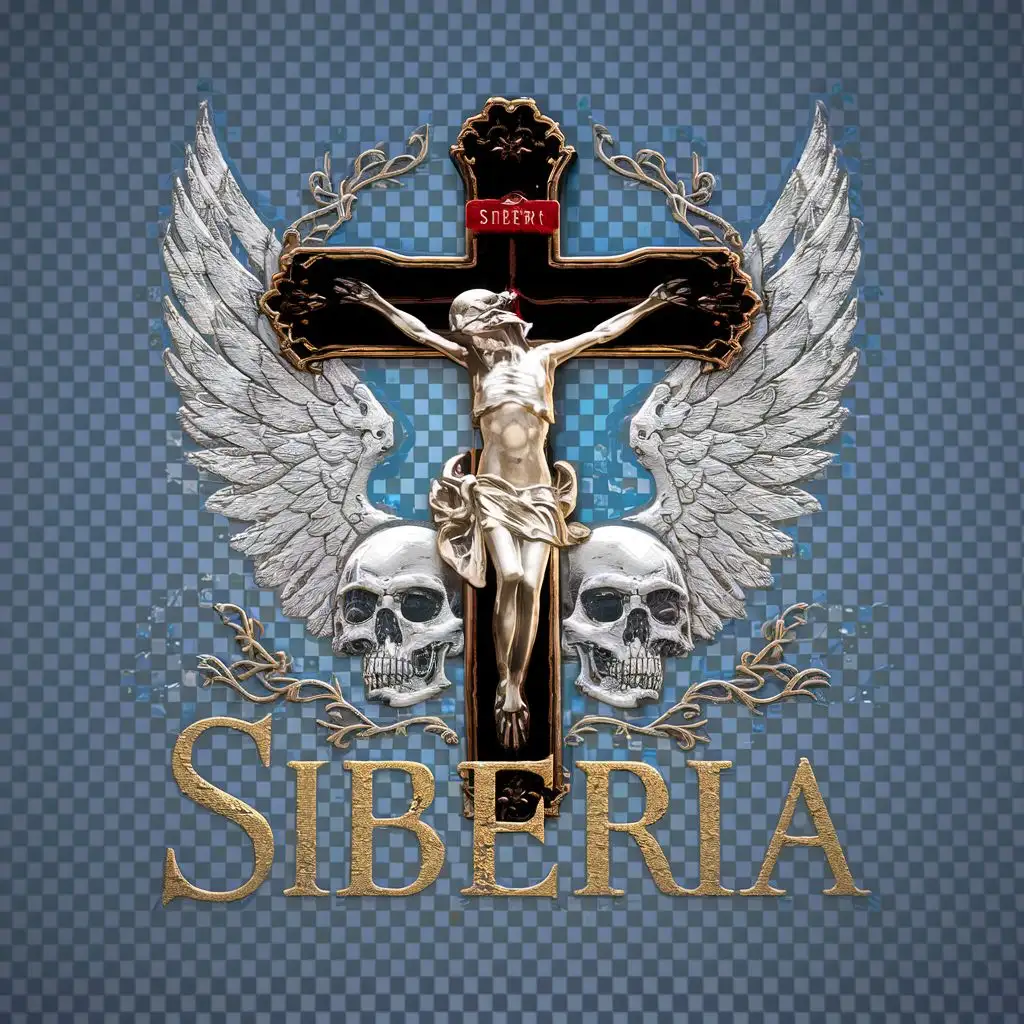 logo, a Crucifix surrounded by angel wings with skulls around as decoration on a transparent background, with the text "Siberia", typography