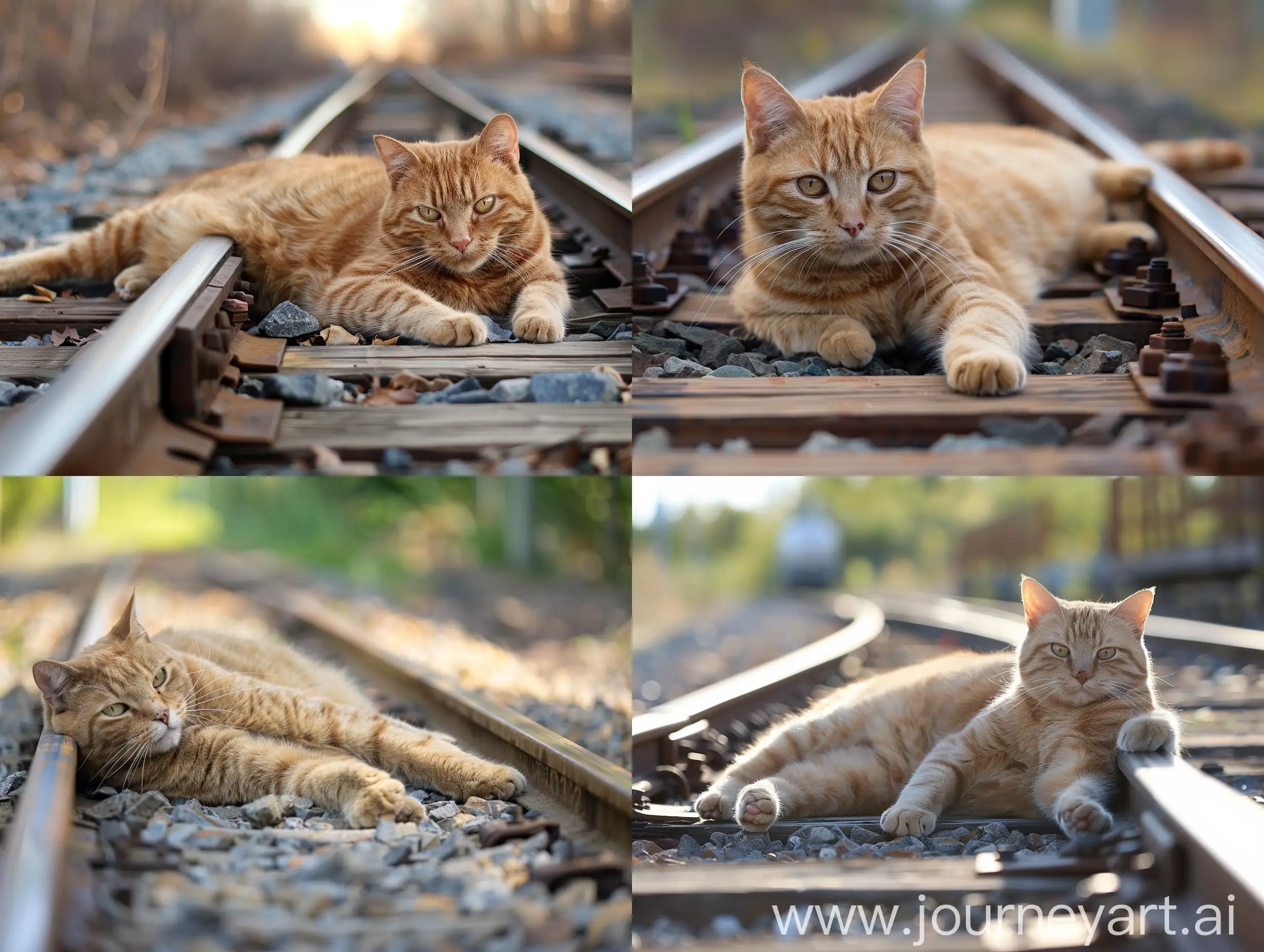放大后的宠物猫宠物趴在列车轨道上