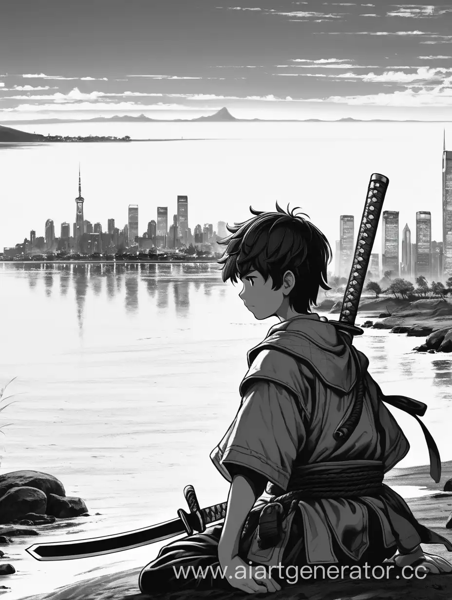 Solitary-Boy-Contemplating-Cityscape-by-the-Shore-with-Katana-Nearby