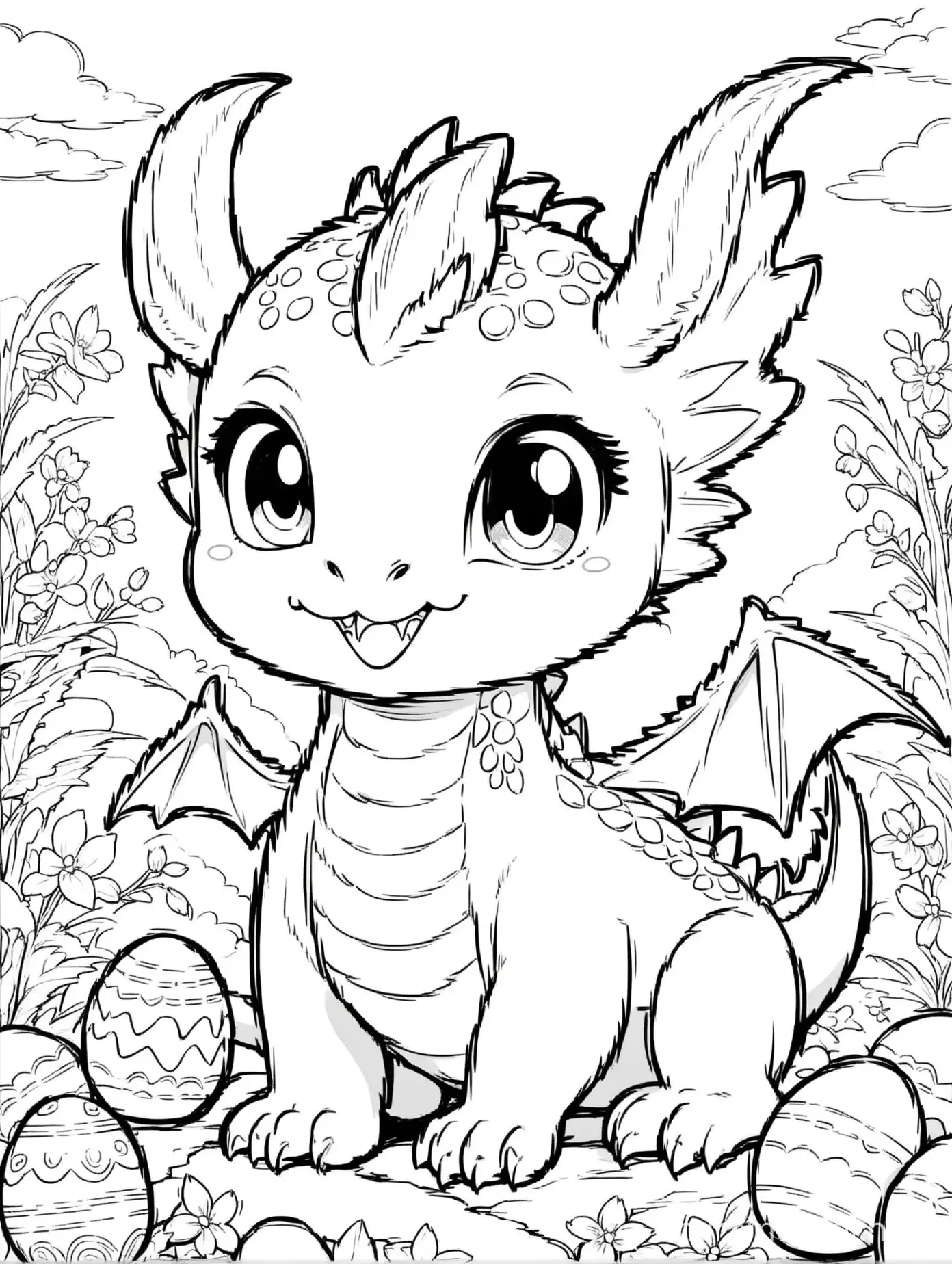 children's coloring book of cute dragon, only black and white, easter theme