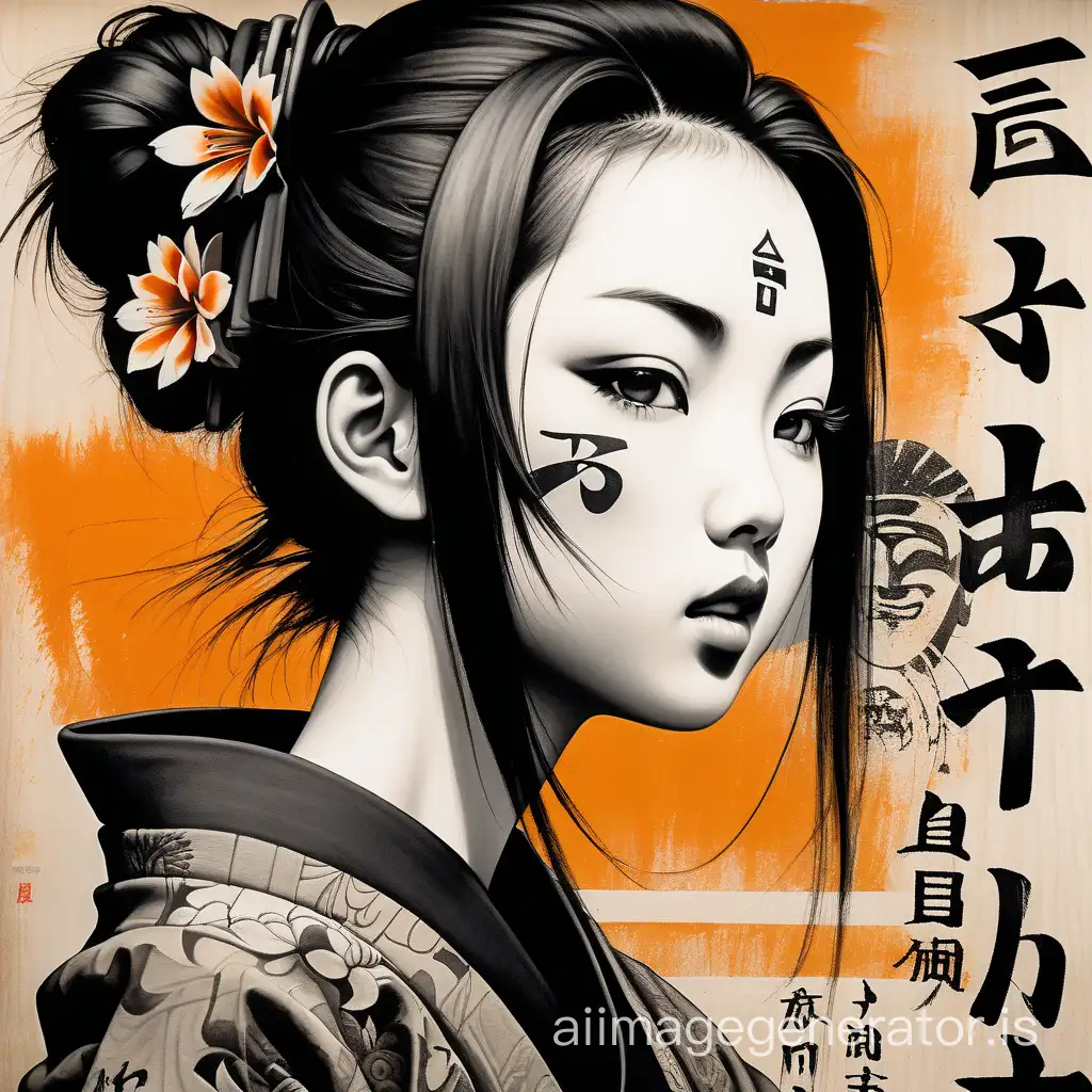 Asian woman, beautiful face, lips part pout, face turning from side view to partial front, black and orange color tones, kanji characters collaged with wabi-sabi art, abstract , punk collage , urbanpunk, kanji flowerpunk, random textures, random graffiti strokes, kanji characters, surreal artwork, Impermanence, no dot on forehead, face slightly more realistic with shaded tone rather than bright white , kanji figures on face bold and delicate
