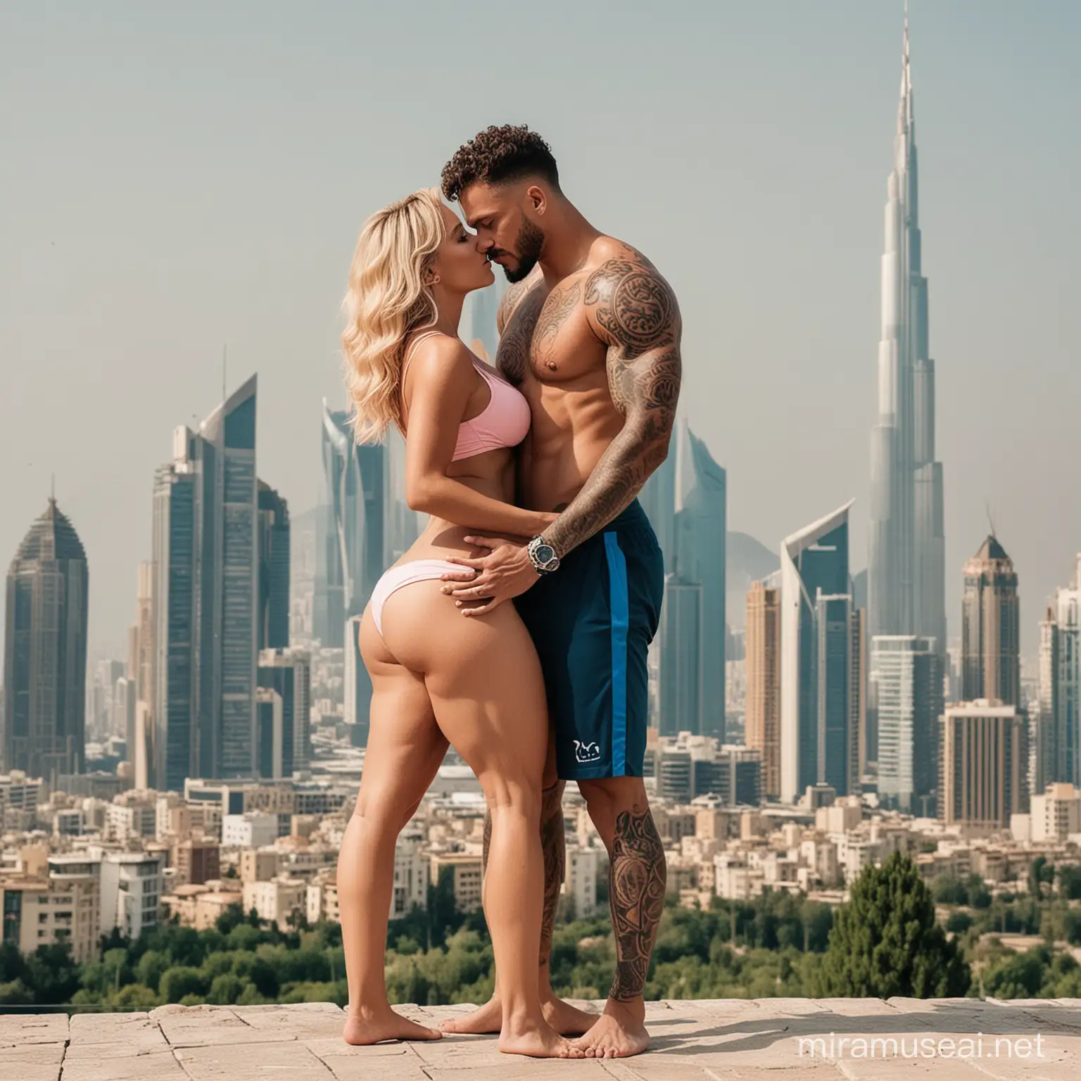 Talented Football Player and Pregnant Wife Embrace in Luxurious Mountain Villa with Skyline View