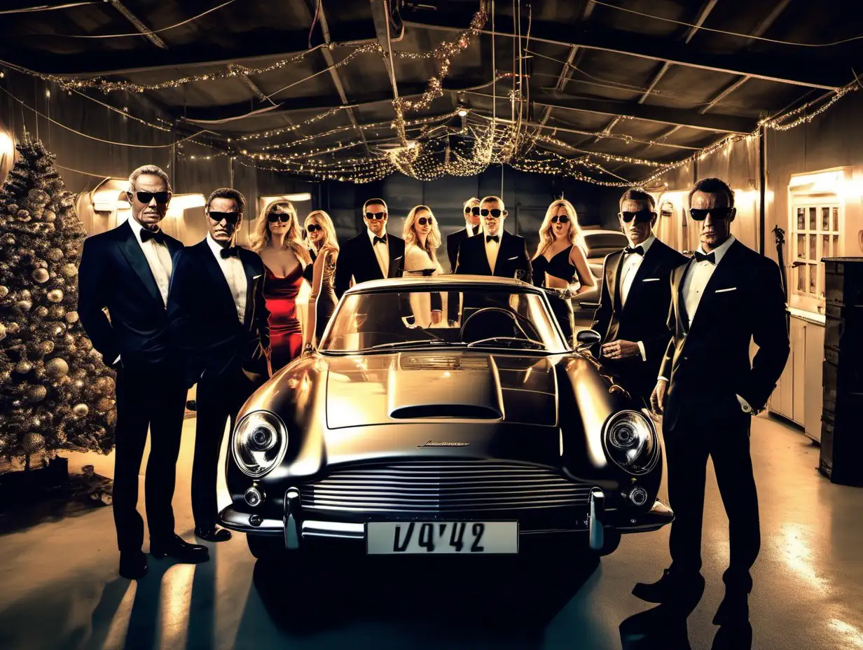 A group of people dressed like James Bond with dar glasses on in a luxury car garage with christmas eve, christmas lights and automotive spare barts
