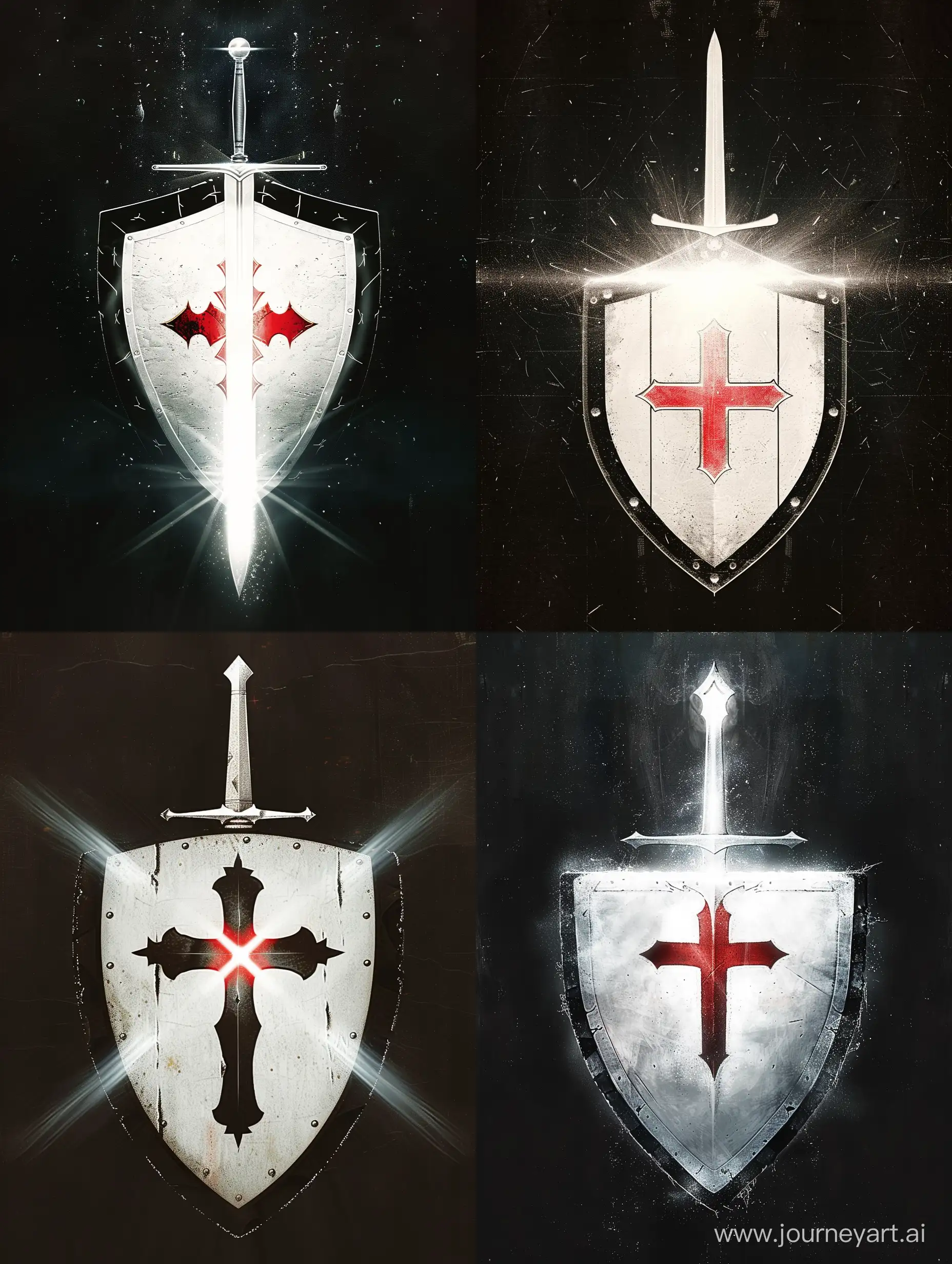 Герб Ордена Великого Света. Белый щит с красным крестом в центре. По краям щита чёрная обводка, щит сияет Светом. За щитом прямой серебряный меч, клинок меча весь сияет белым светом