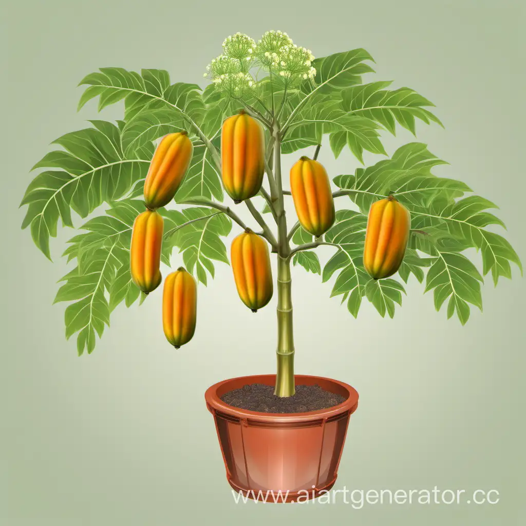 дерево папайи с плодами в горшке, прозрачным цветами
