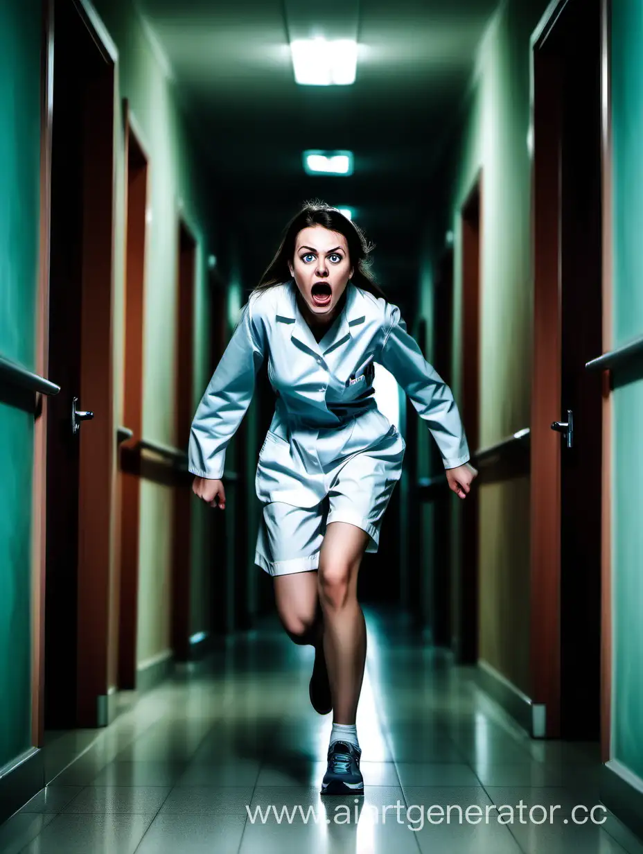 Молодая медсестра с голыми коленями и длинными рукавами испуганная бежит по коридору, полный рост 