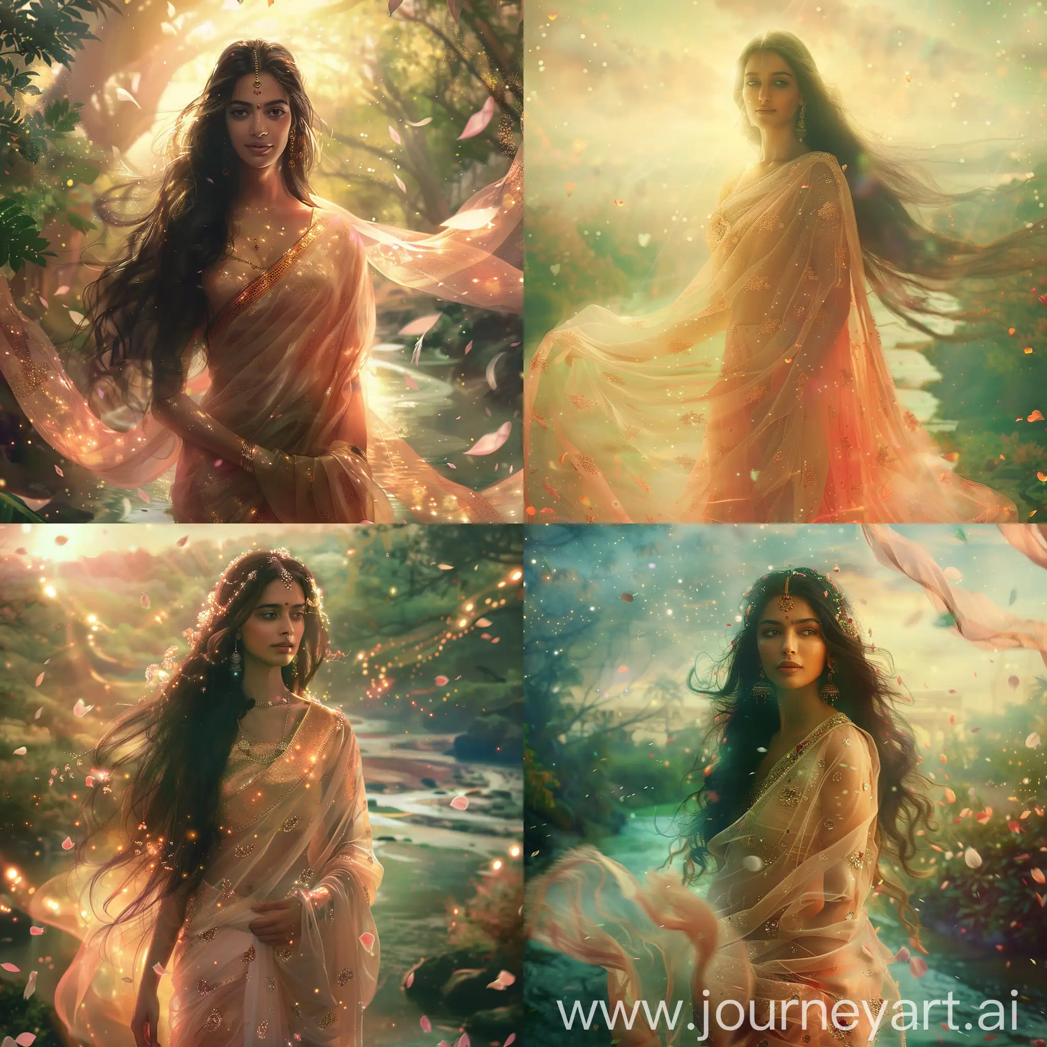 "Imagine a serene celestial landscape, bathed in a soft, glowing light that seems to emanate from the surroundings. In the center stands Urvashi, a Hindu mythological nymph known for her breathtaking beauty. She has long, flowing dark hair adorned with shimmering celestial flowers, and her attire is a radiant, traditional sari made of light, almost transparent fabrics that shimmer with the colors of dawn—pale pinks, gentle oranges, and subtle golds. Her skin glows with a soft luminescence, highlighting her graceful, dance-like posture. Around her, the air is filled with floating, delicate petals, and in the background, a celestial river meanders through lush, vibrant greenery under a sky of twinkling stars." cinematic, wide aspect ratio