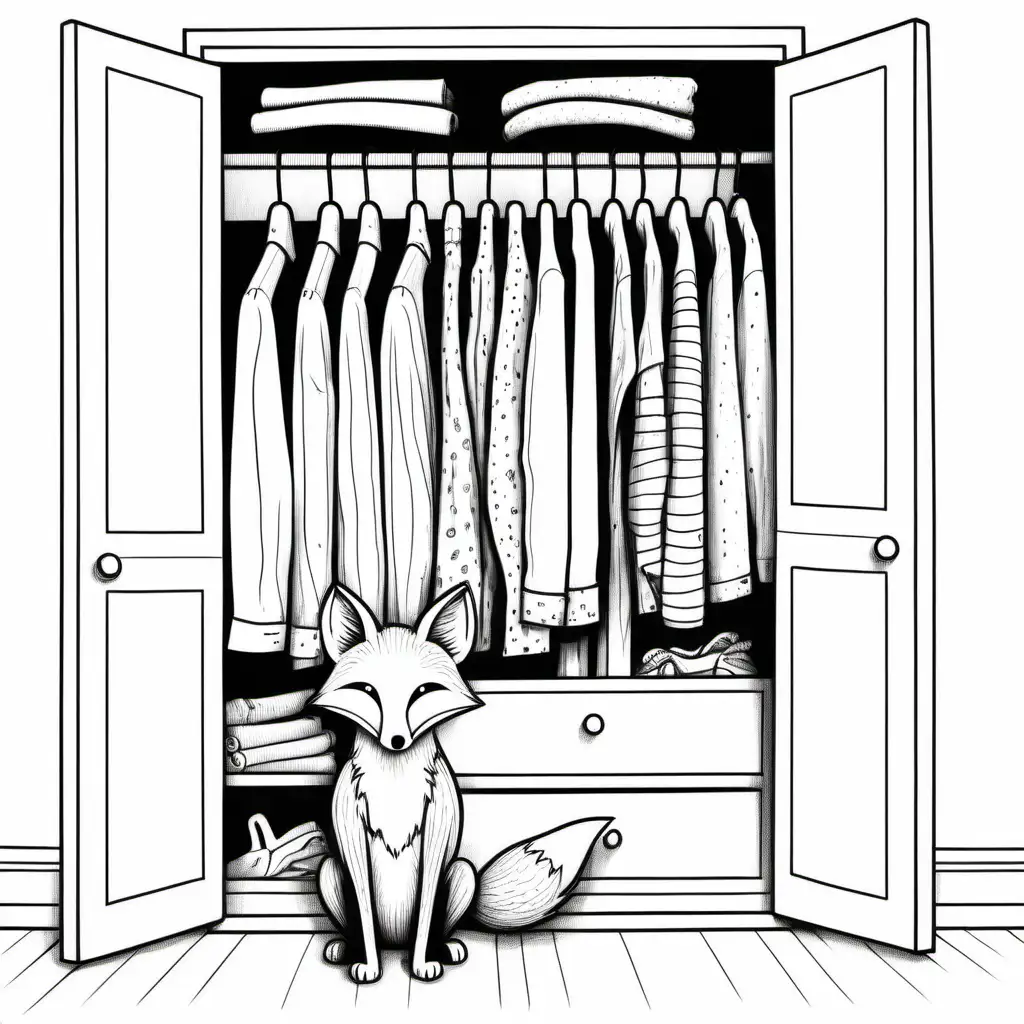 thin whimsical line drawing of a fox looking in a closet full of clothes, black line drawing